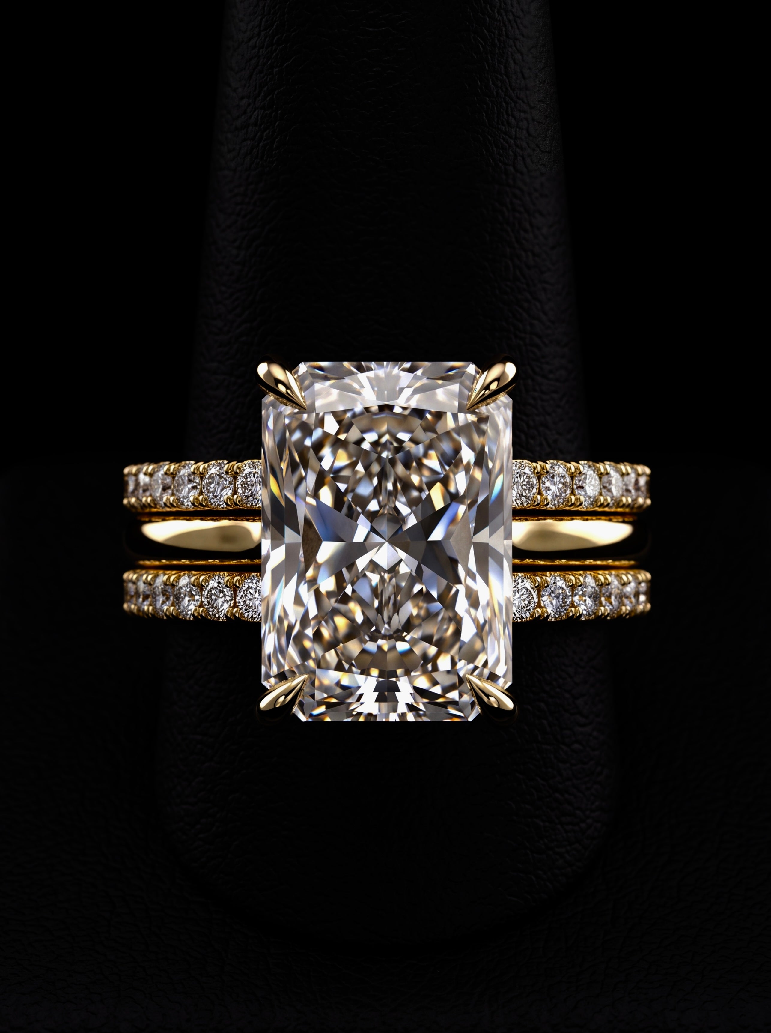 10.0CT Radiant-Cut Moissanite · Hidden Halo Solitaire · Double Pavé Stack · Yellow Gold