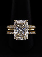 10.0CT Radiant-Cut Moissanite · Hidden Halo Solitaire · Double Pavé Stack · Yellow Gold