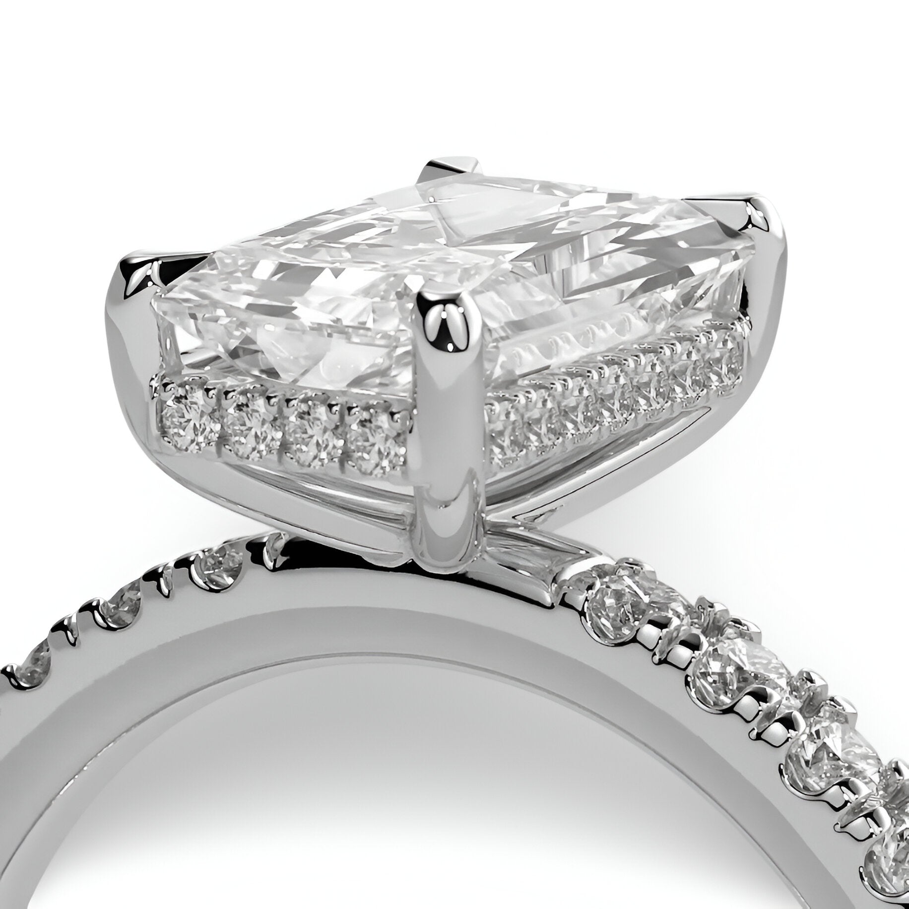 4.0ct Radiant Cut Ring – Hidden Halo & Pavé Band | Sterling Silver to 9–14k Yellow Gold