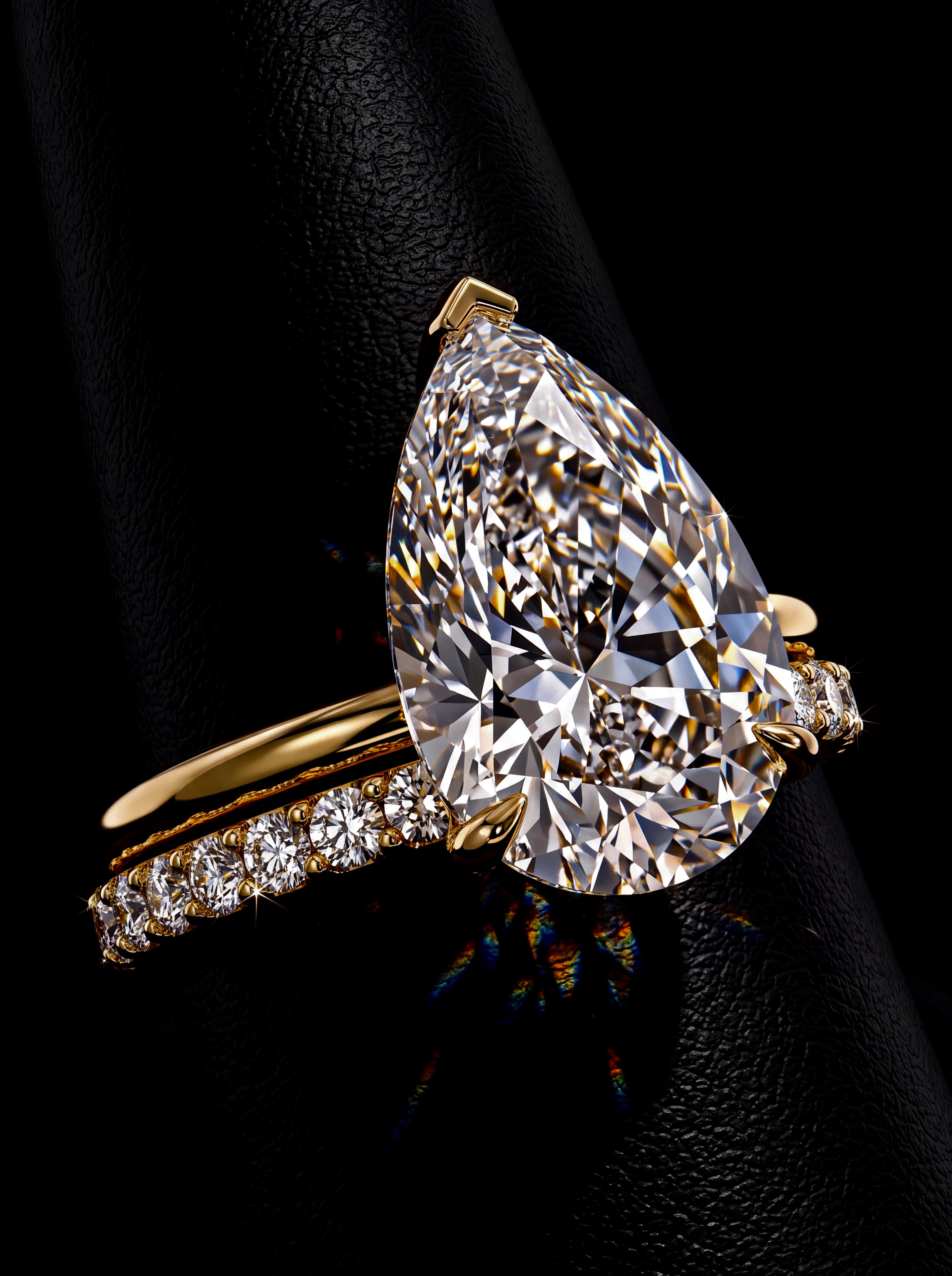 5.0CT Pear-Cut Moissanite · Hidden Halo Solitaire · Perfectly Matched Pavé Band · Yellow Gold