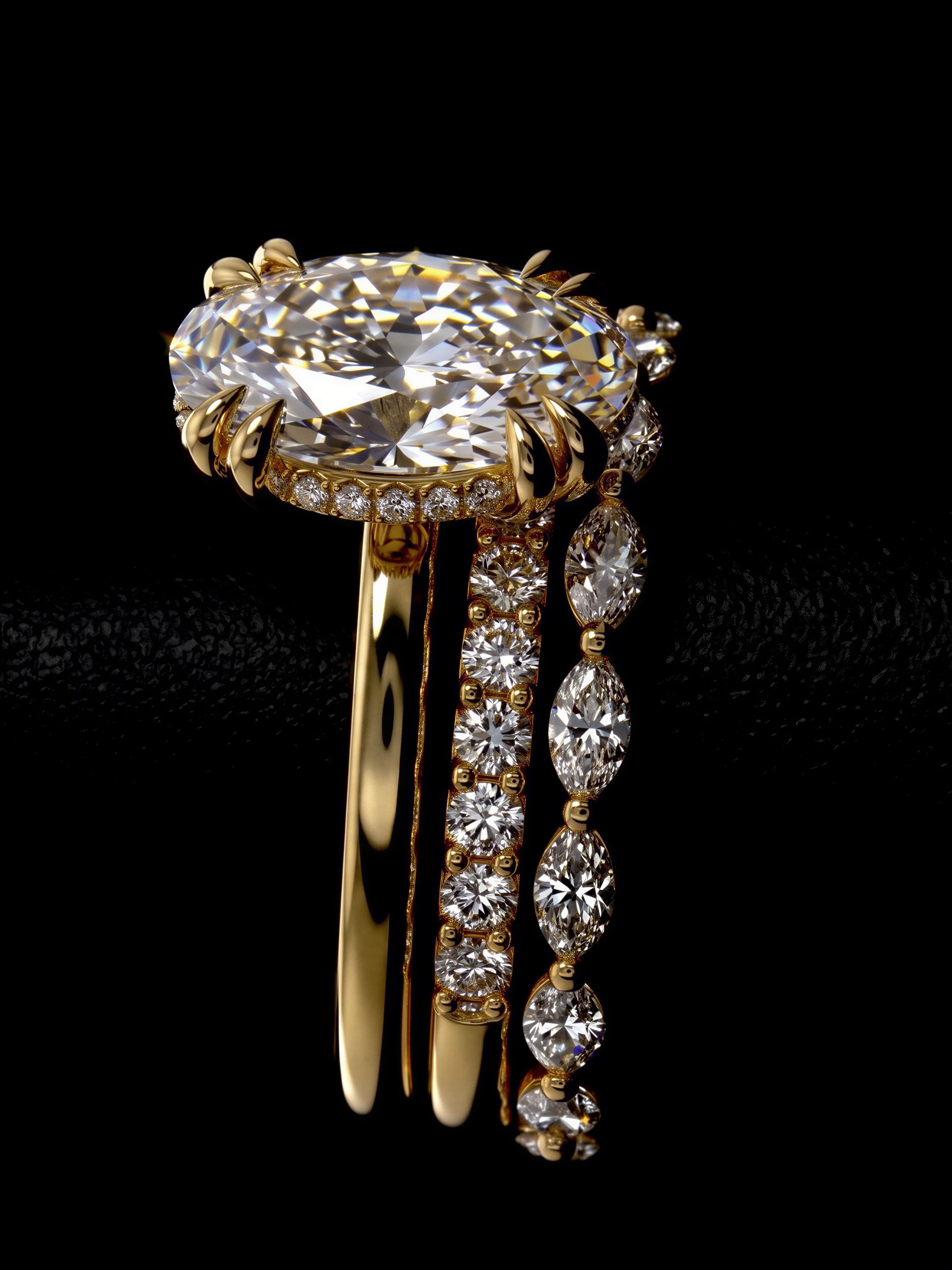 4.0CT Oval-Cut Moissanite · Double-Claw Hidden Halo Solitaire · Round Brilliant & Marquise Pavé Bands · Yellow Gold