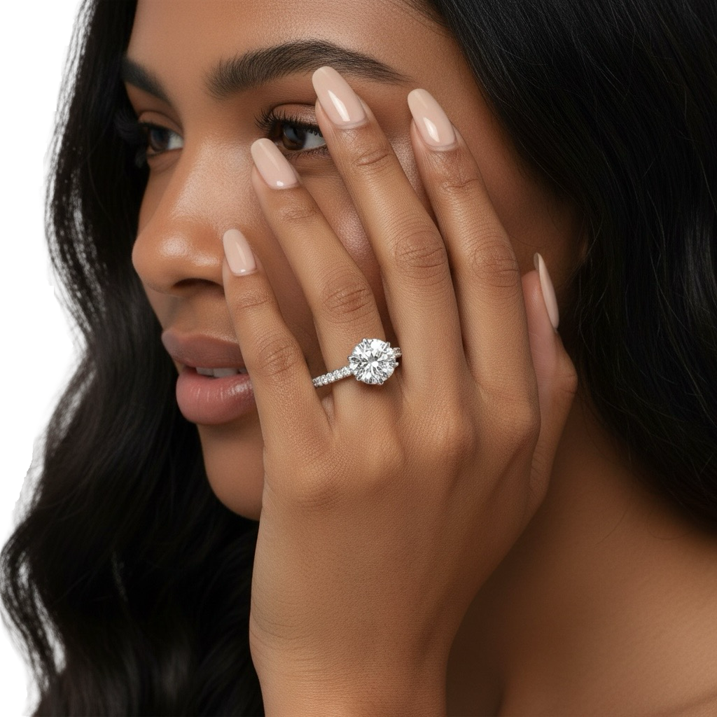 2.0 Ct Round Brilliant Moissanite Ring – 5 Eagle Claw Prongs with Hidden Halo & Pavé Band | Sterling Silver & 9–14K White Gold
