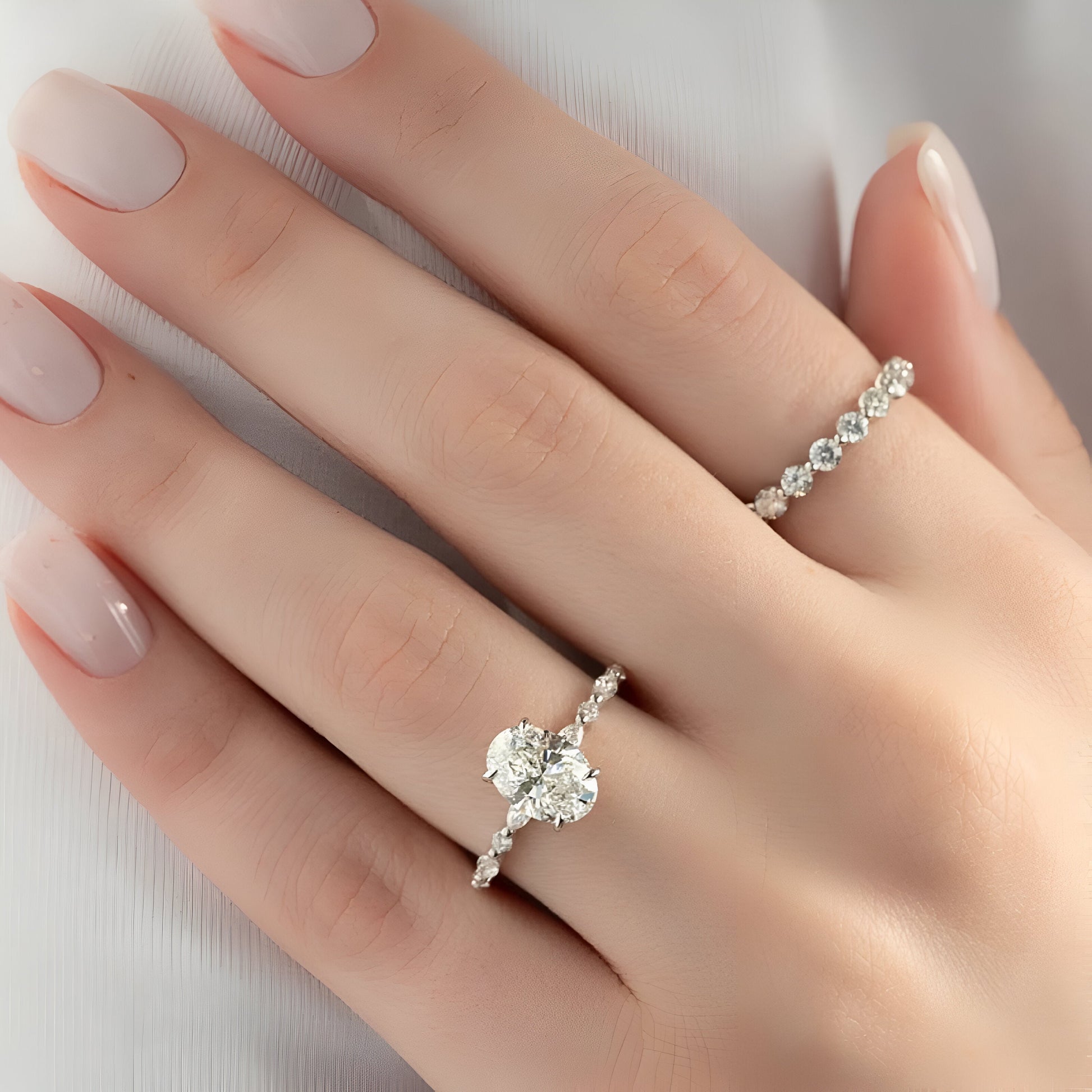 2.0CT Oval Cut W/ Half Eternity Marquise Band MG ESSENCE