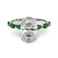 4.0ct Oval Cut Center Stone Ring with Green Marquise Side Stones & Hidden Halo – Sterling Silver / 9K & 14K White Gold