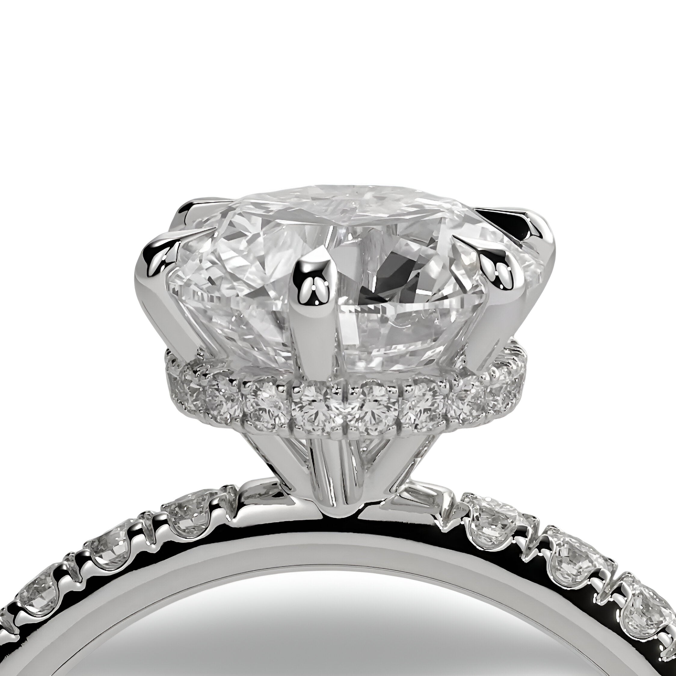 2.0 Ct Round Brilliant Moissanite Ring – 5 Eagle Claw Prongs with Hidden Halo & Pavé Band | Sterling Silver & 9–14K White Gold