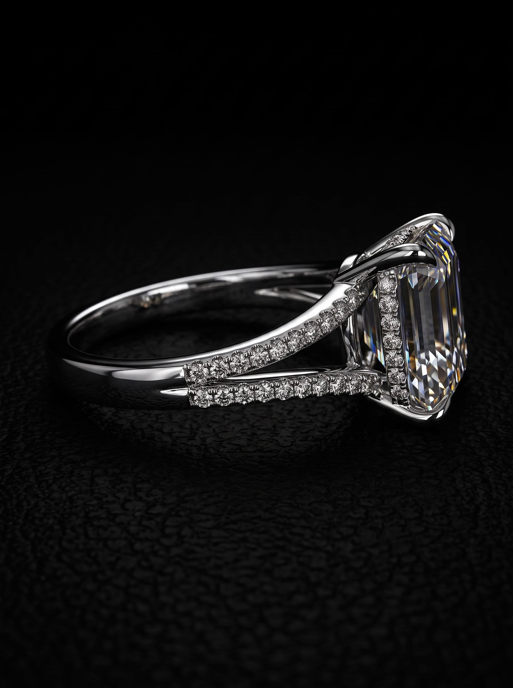 4.0ct Emerald-Cut Moissanite Ring | Split Shank, Pavé Band & Hidden Halo