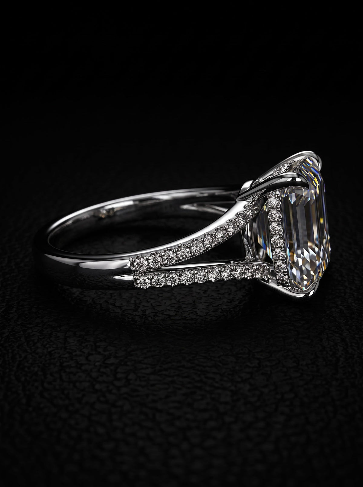4.0ct Emerald-Cut Moissanite Ring | Split Shank, Pavé Band & Hidden Halo MG ESSENCE