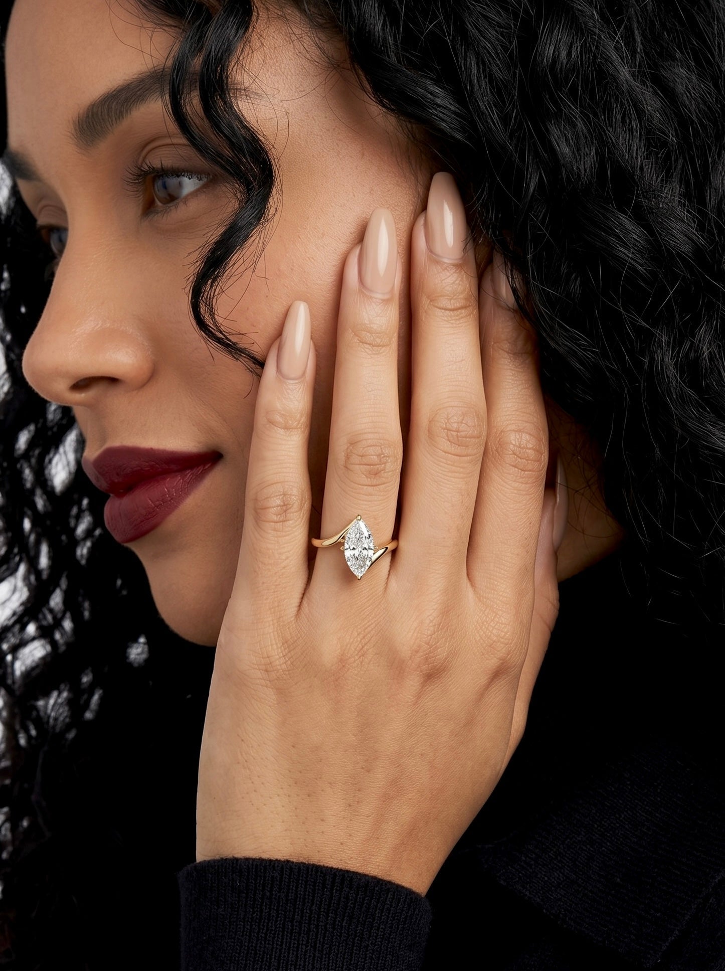 Marquise Cut Bypass Solitaire Ring - 9-18K Yellow Gold