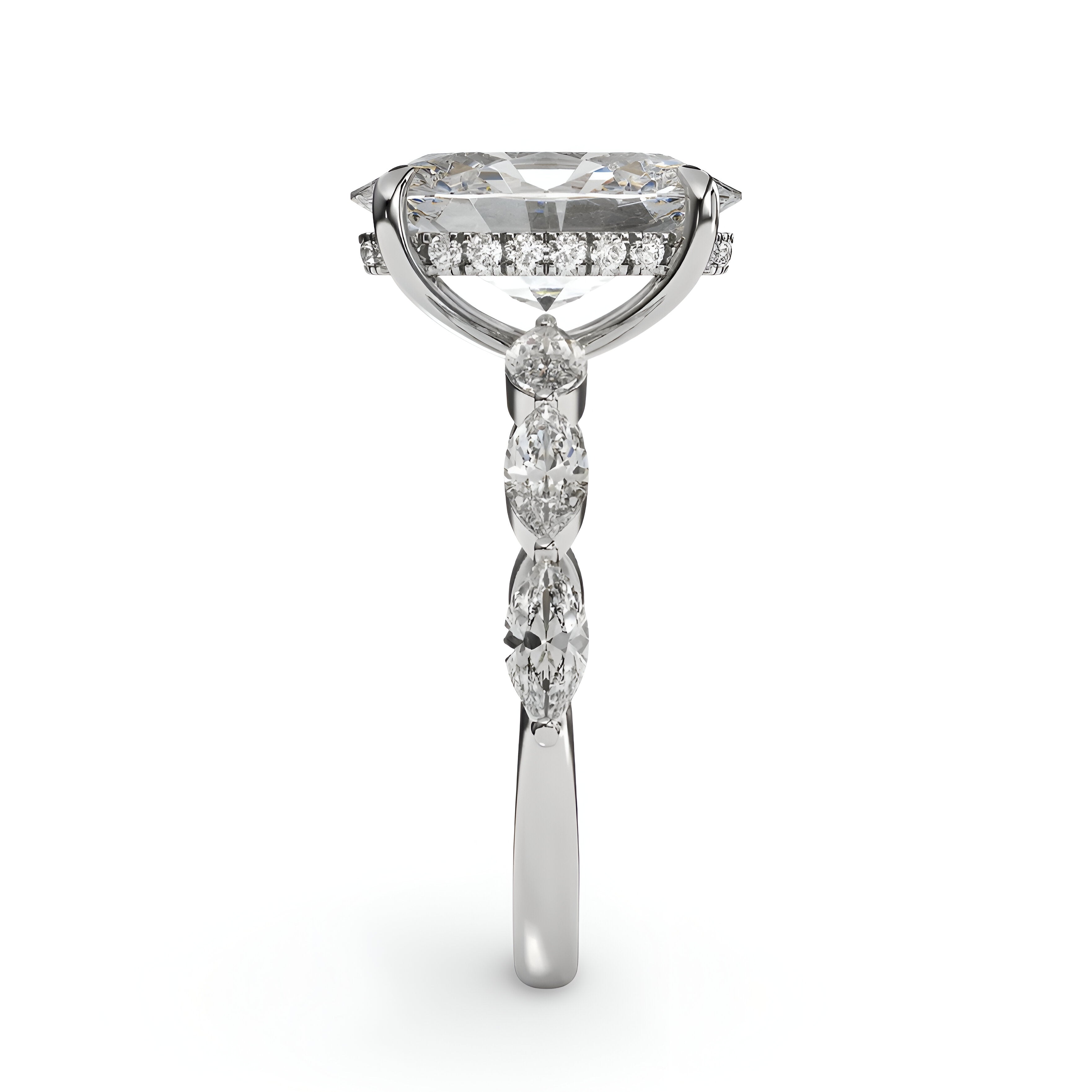 4.0ct Oval Cut Center Stone Ring with Clear Marquise Side Stones & Hidden Halo – Sterling Silver / 9K & 14K White Gold