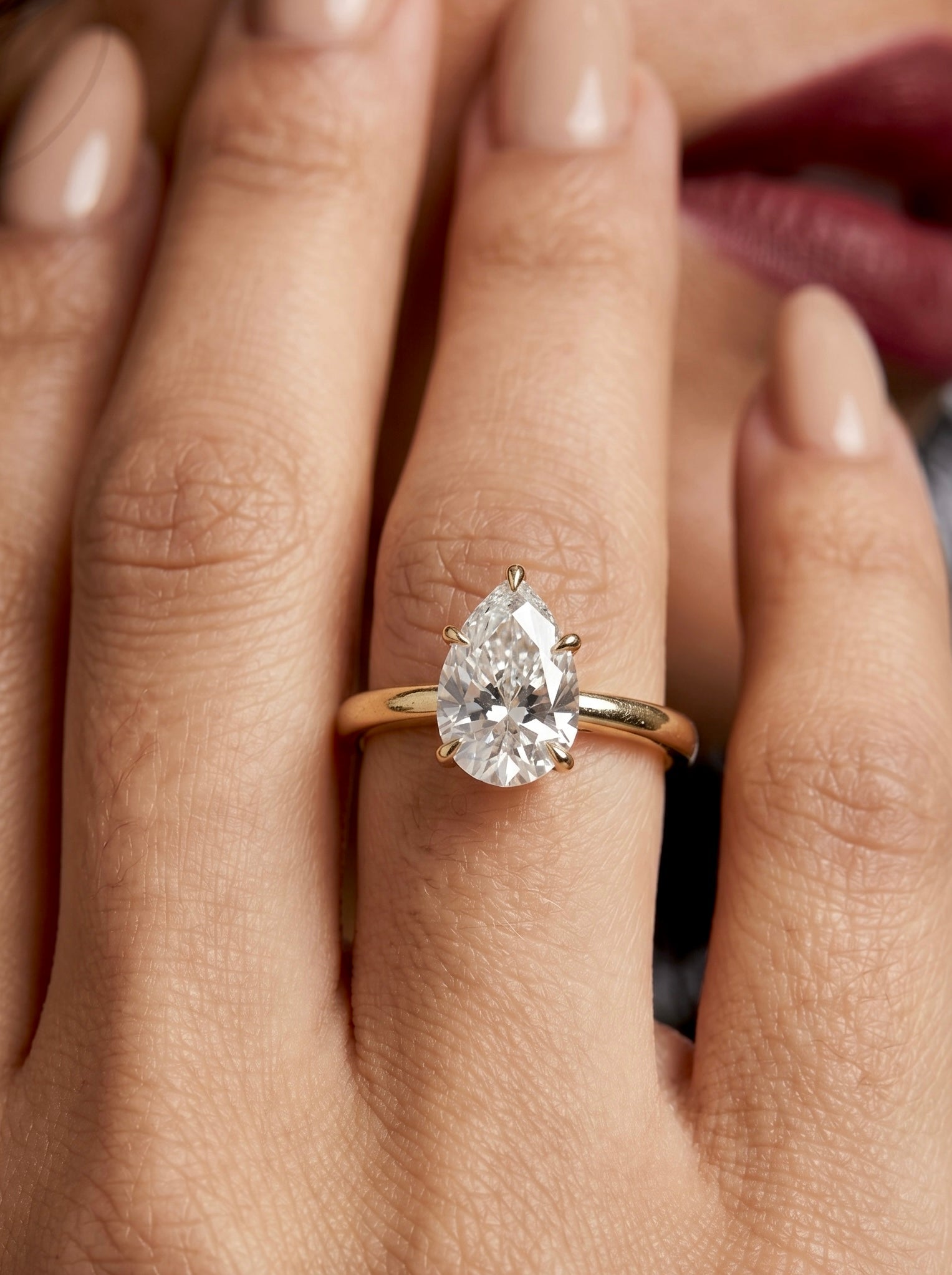 2.0ct Pear Cut Solitaire Ring with Hidden Halo – 5-Claw Setting | 9–18k Yellow Gold