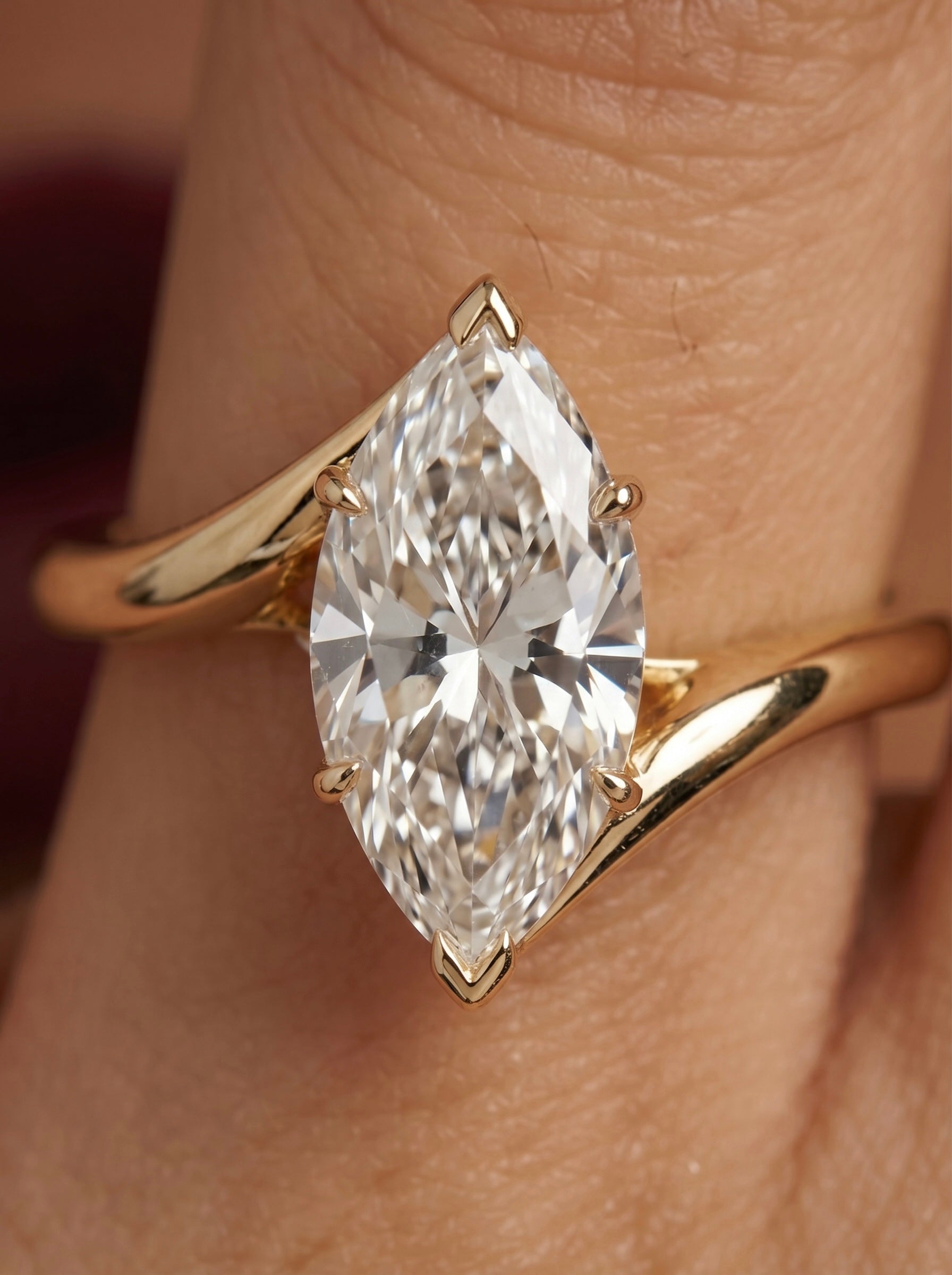 Marquise Cut Bypass Solitaire Ring - 9-18K Yellow Gold