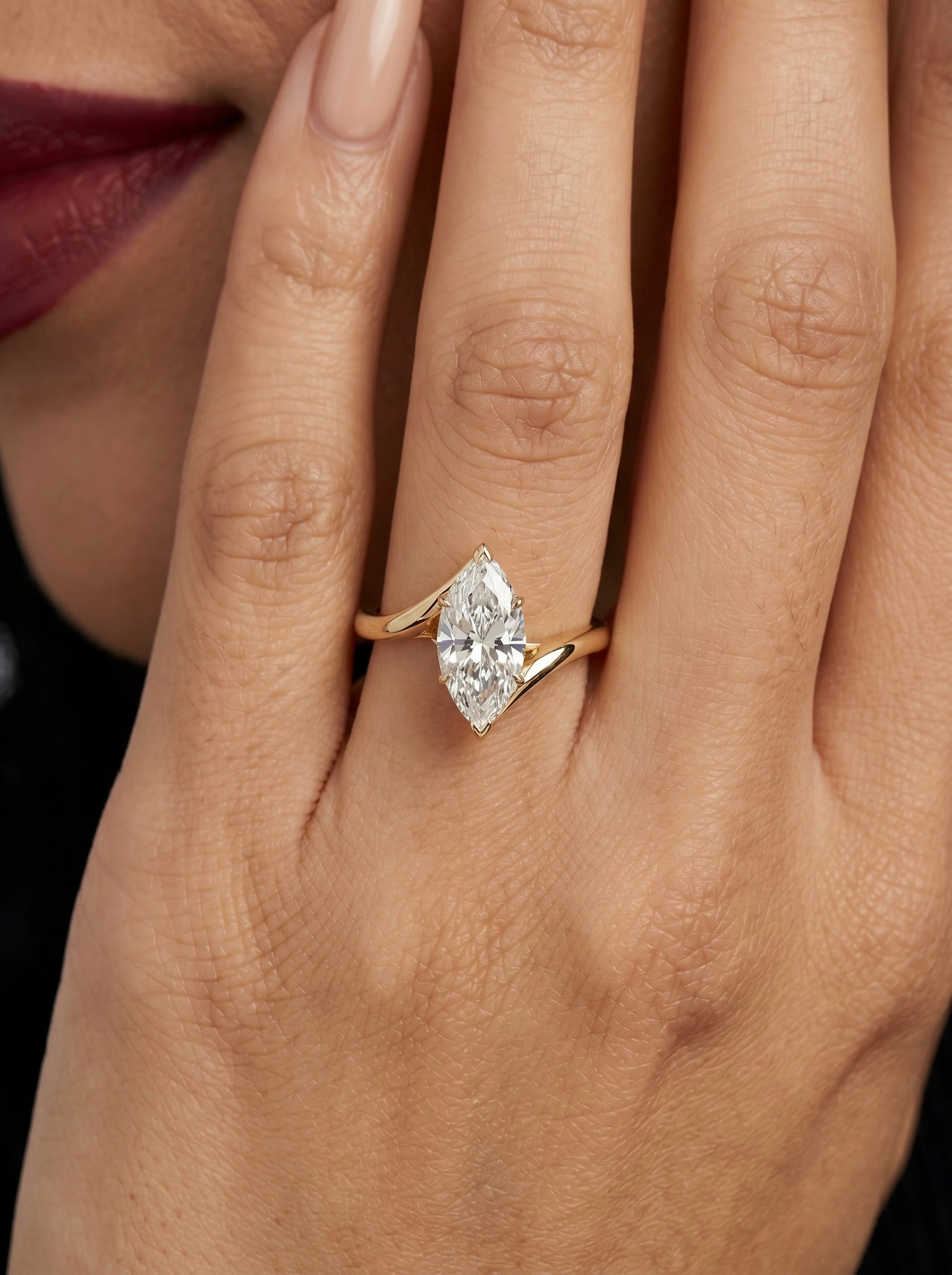 Marquise Cut Bypass Solitaire Ring - 9-18K Yellow Gold