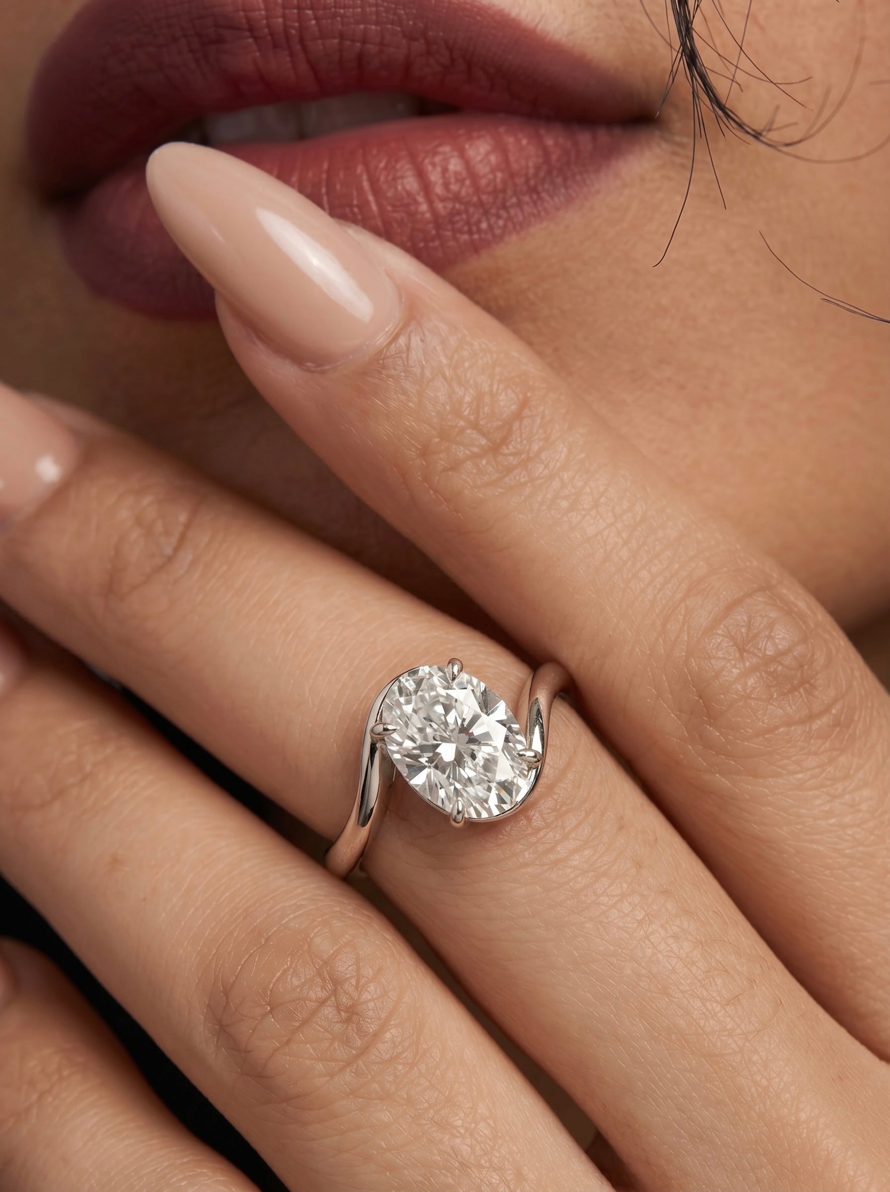 3.0ct Oval Cut Twisted Band Solitaire Ring - 9-18K White Gold