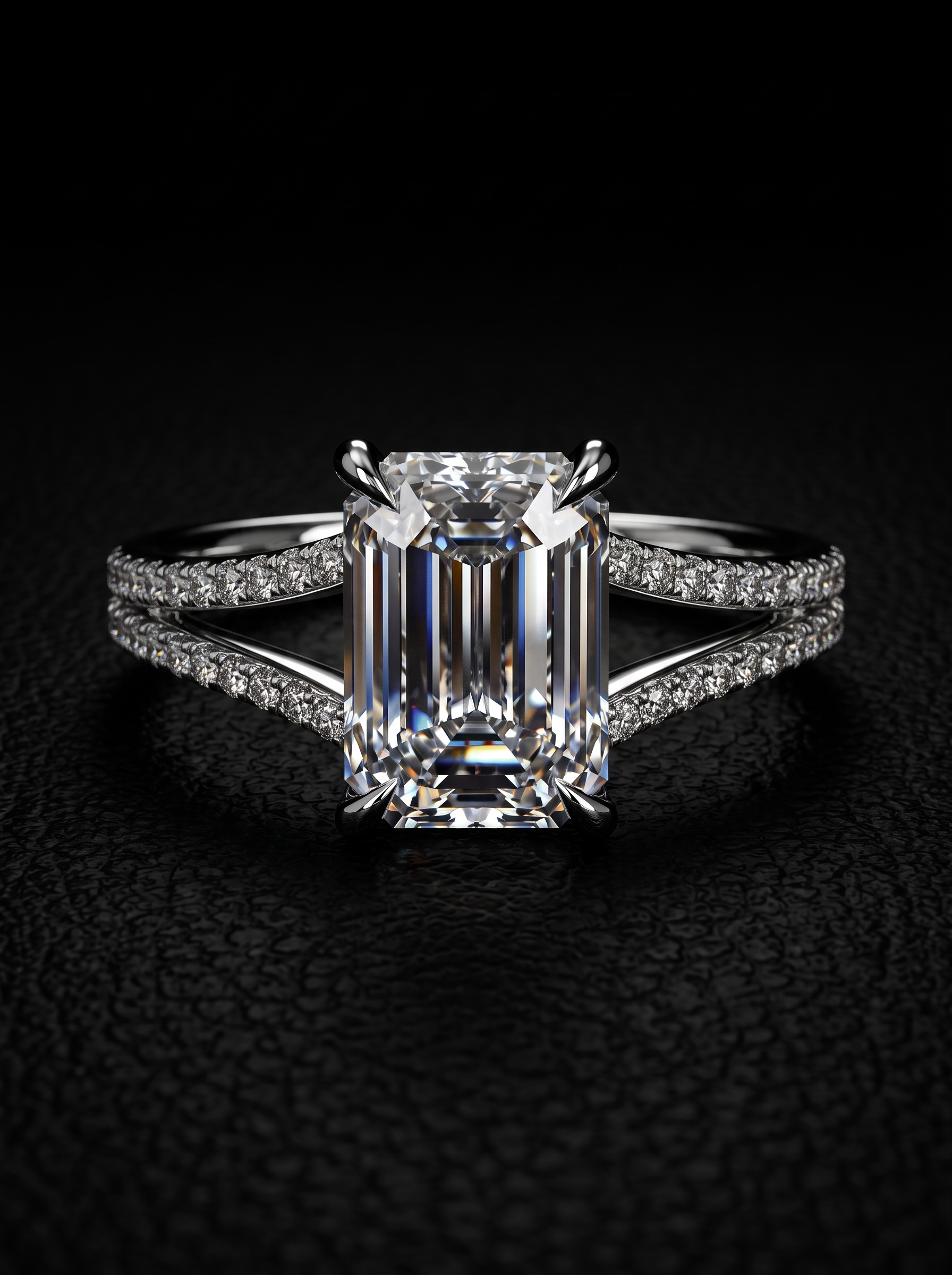 4.0ct Emerald-Cut Moissanite Ring | Split Shank, Pavé Band & Hidden Halo