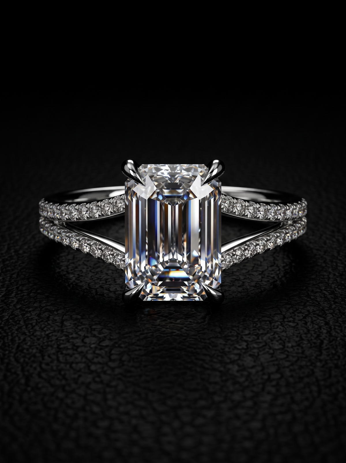 4.0ct Emerald-Cut Moissanite Ring | Split Shank, Pavé Band & Hidden Halo MG ESSENCE