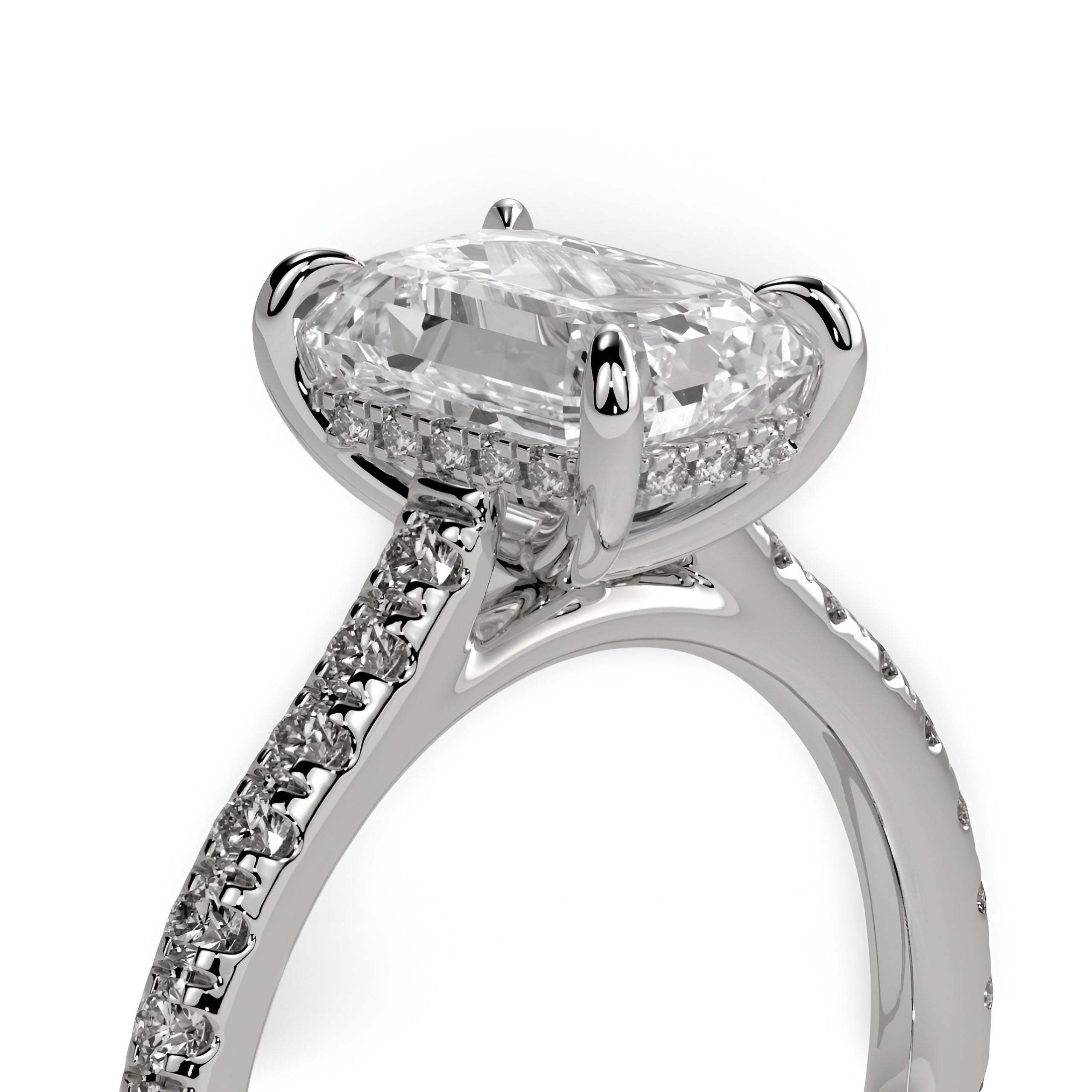 3CT Emerald Cut Hidden Halo Pavé Engagement Ring | Sterling Silver, 9K & 14K Solid White Gold