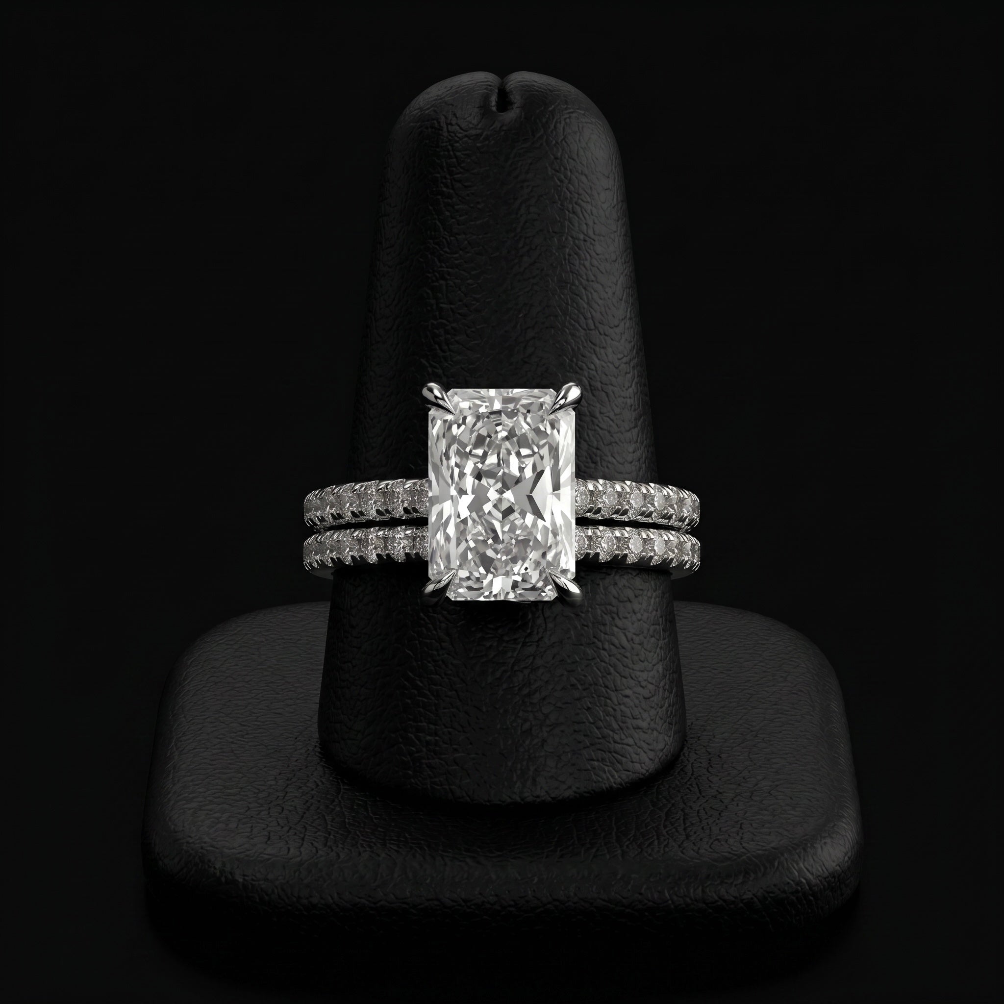 3.0ct Radiant Cut Hidden Halo Cathedral Pavé Ring – Sterling Silver / 9K–14K White Gold