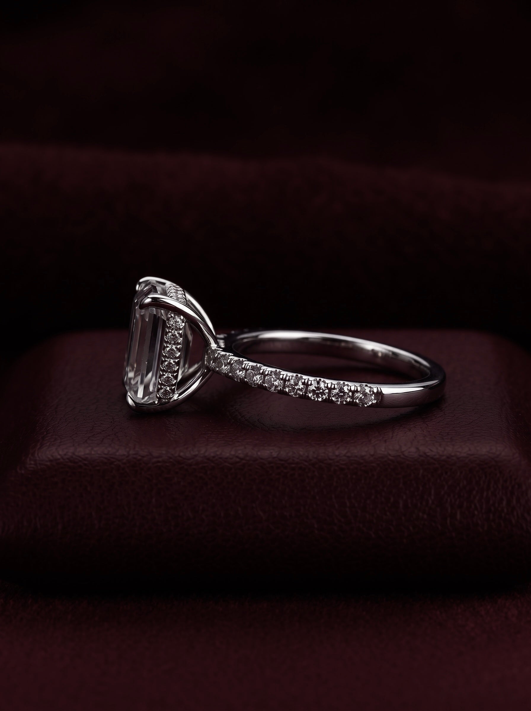 3CT Emerald Cut Hidden Halo Pavé Engagement Ring | Sterling Silver, 9K & 14K Solid White Gold