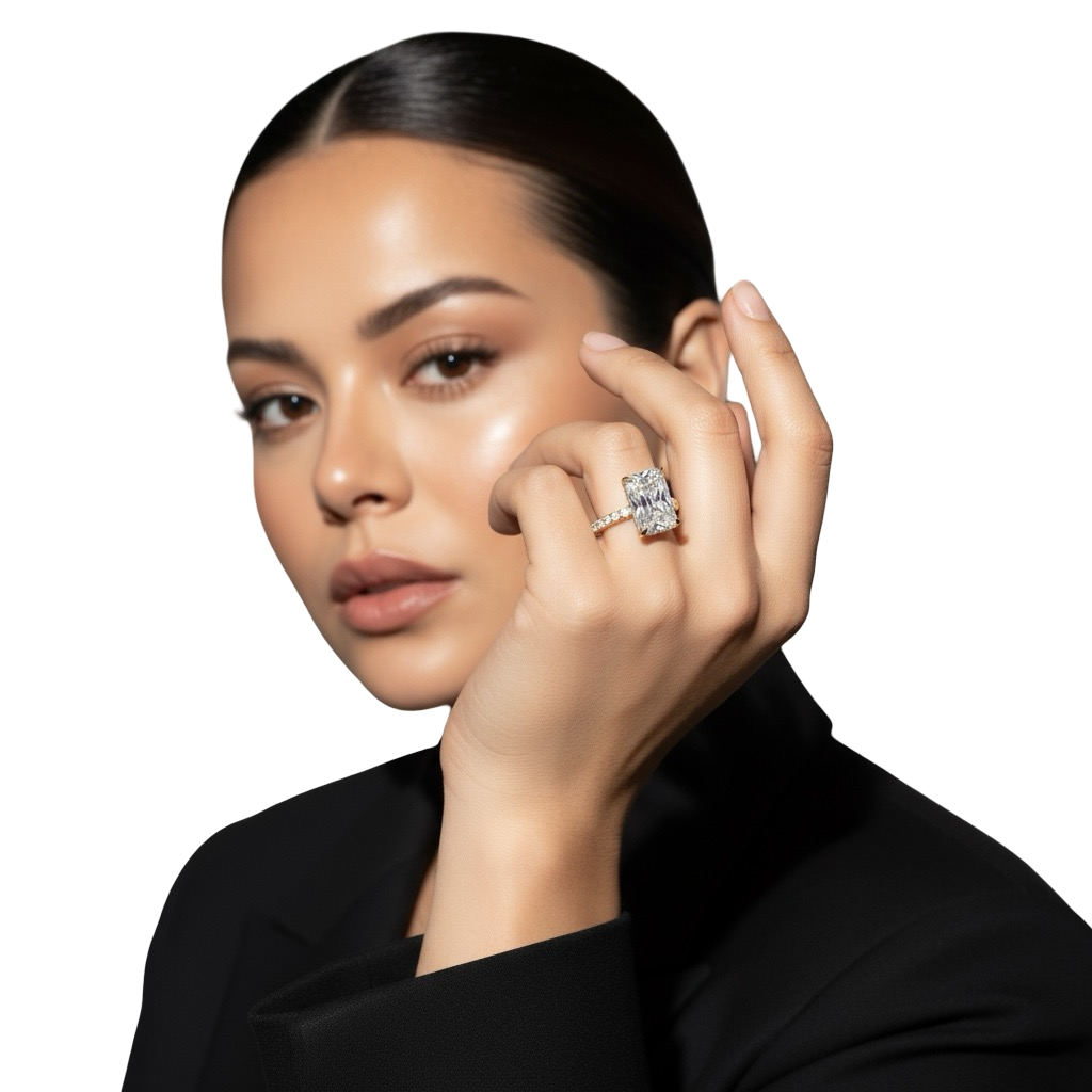 The MG Solara™️ 5.0ct Radiant Cut Pavé with Elevated Hidden Halo (9K+14K Yellow Gold)