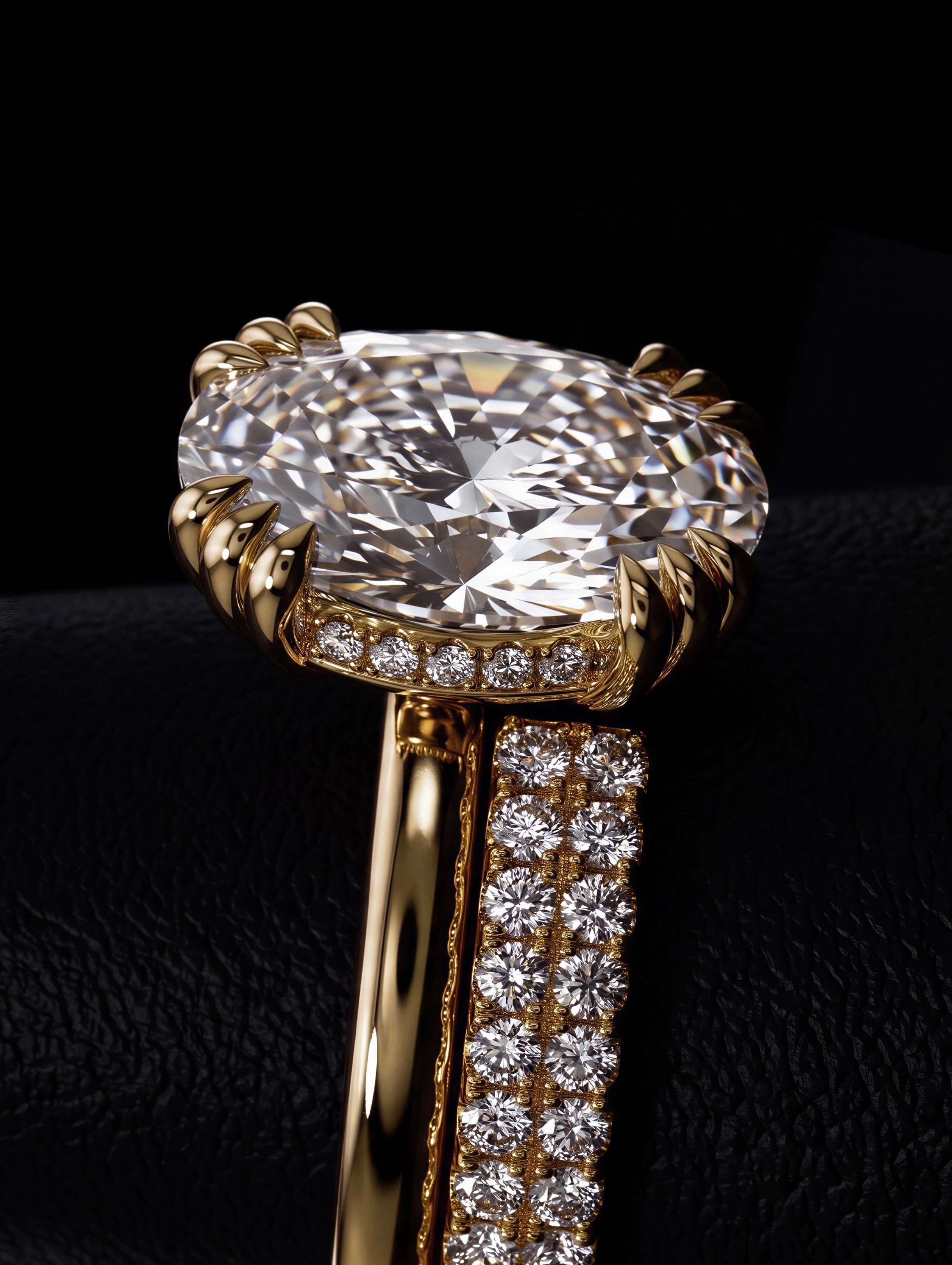 4.0CT Cushion-Cut Moissanite · Hidden Halo Solitaire · Triple-Claw Prongs · Double-Row Pavé Band · Yellow Gold