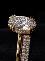 4.0CT Cushion-Cut Moissanite · Hidden Halo Solitaire · Triple-Claw Prongs · Double-Row Pavé Band · Yellow Gold