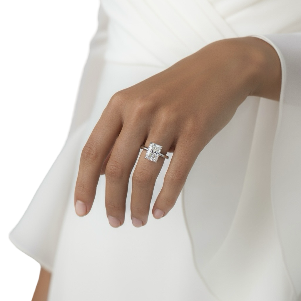 MG Radiant Aurora™ 3.0ct Radiant-Cut Solitaire Ring – Sterling Silver / White Gold (9ct & 14ct)