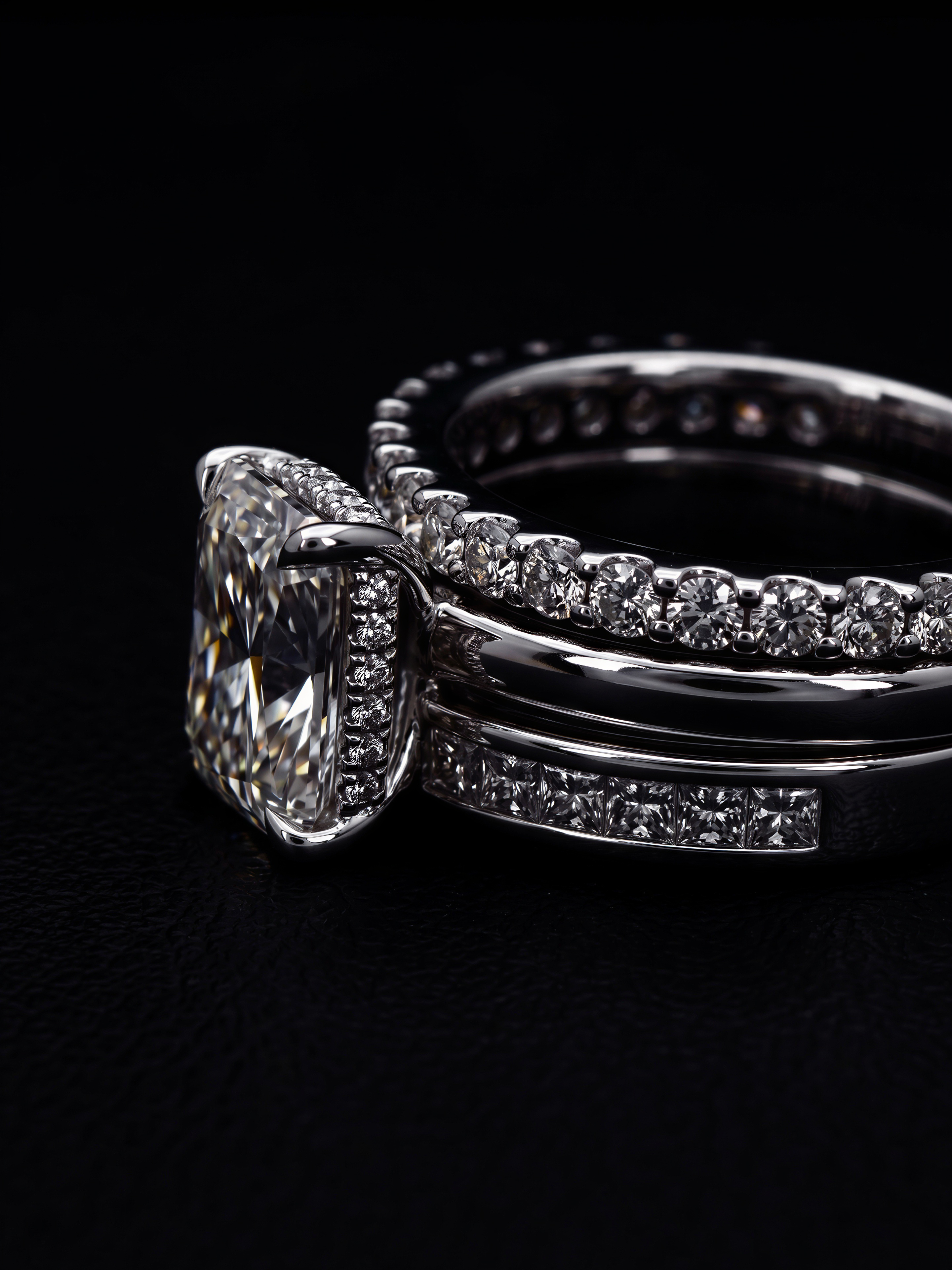 3.0CT Radiant-Cut Moissanite · Hidden Halo Solitaire · Pavé Band · Channel-Set Band