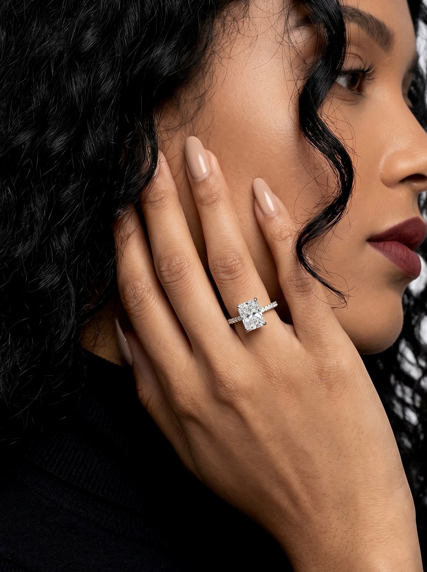 3.0ct Radiant Cut Hidden Halo Cathedral Pavé Ring – Sterling Silver / 9K–14K White Gold