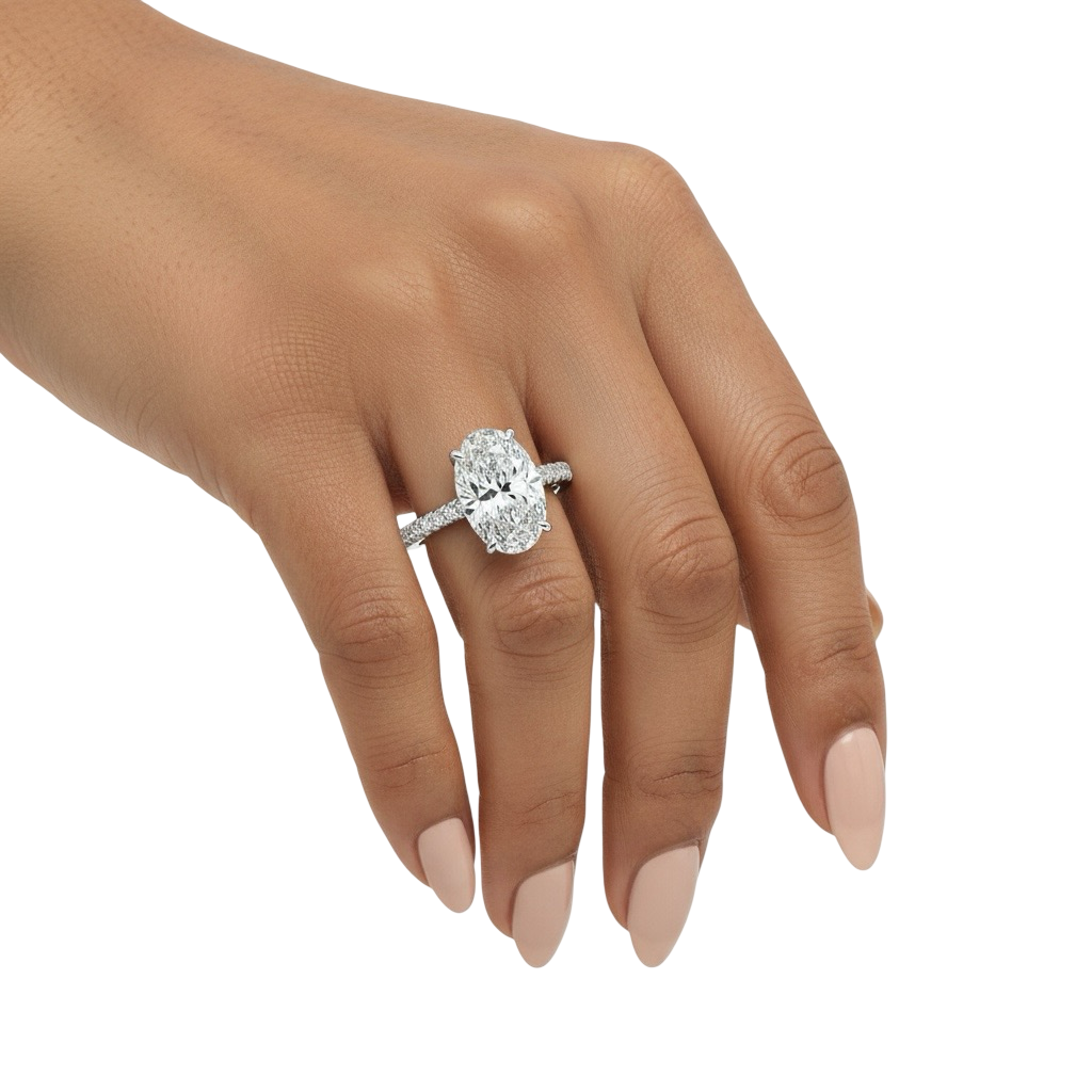MG LUNARE™ 4.0ct Oval Cut Ring with Pavé & Hidden Halo – Sterling Silver / 9ct / 14ct White Gold