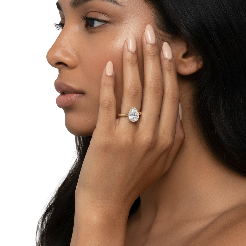2.0ct Pear Cut Solitaire Ring with Hidden Halo – 5-Claw Setting | 9–18k Yellow Gold