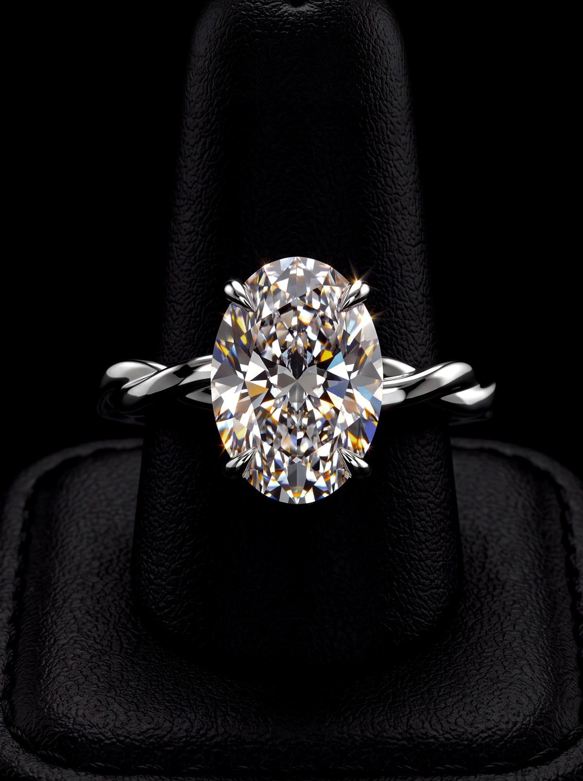 3.0ct Oval Cut Hidden Halo Twisted Shank Solitaire - Sterling Silver & 9-14K White Gold MG ESSENCE