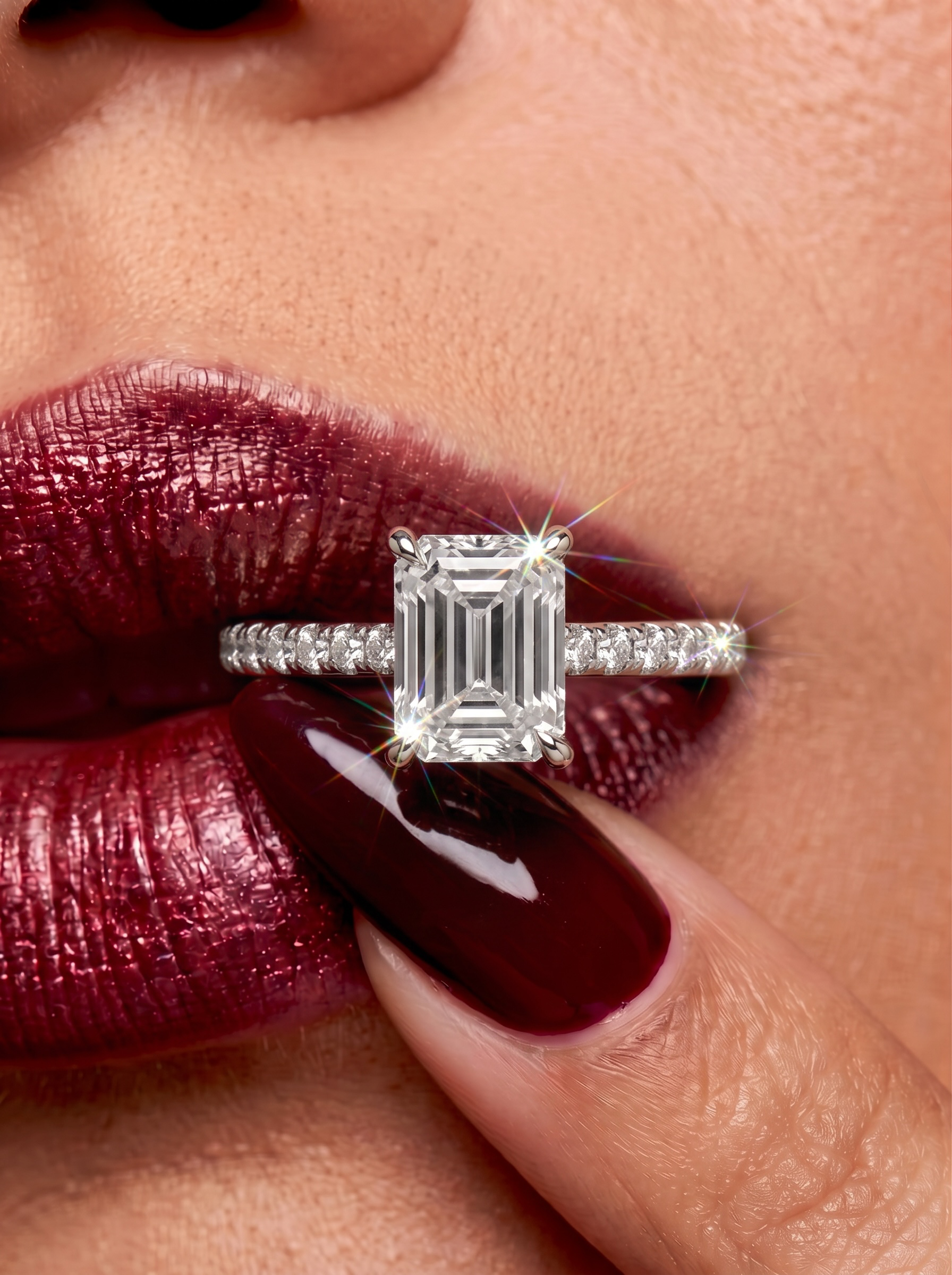 3CT Emerald Cut Hidden Halo Pavé Engagement Ring | Sterling Silver, 9K & 14K Solid White Gold