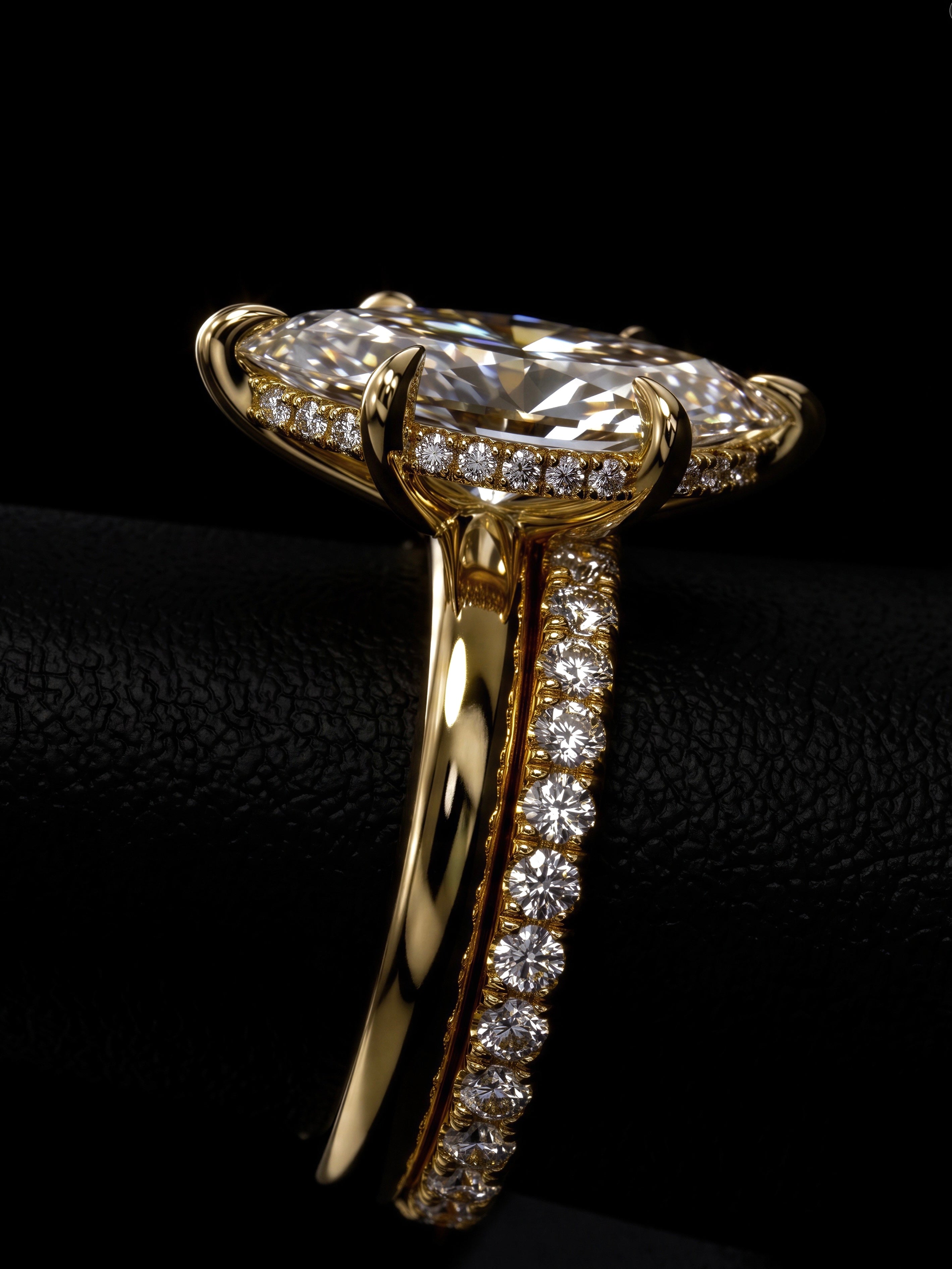 4.0CT Marquise-Cut Moissanite · Hidden Halo · Solitaire · Pavé Wedding Band · Solid Gold