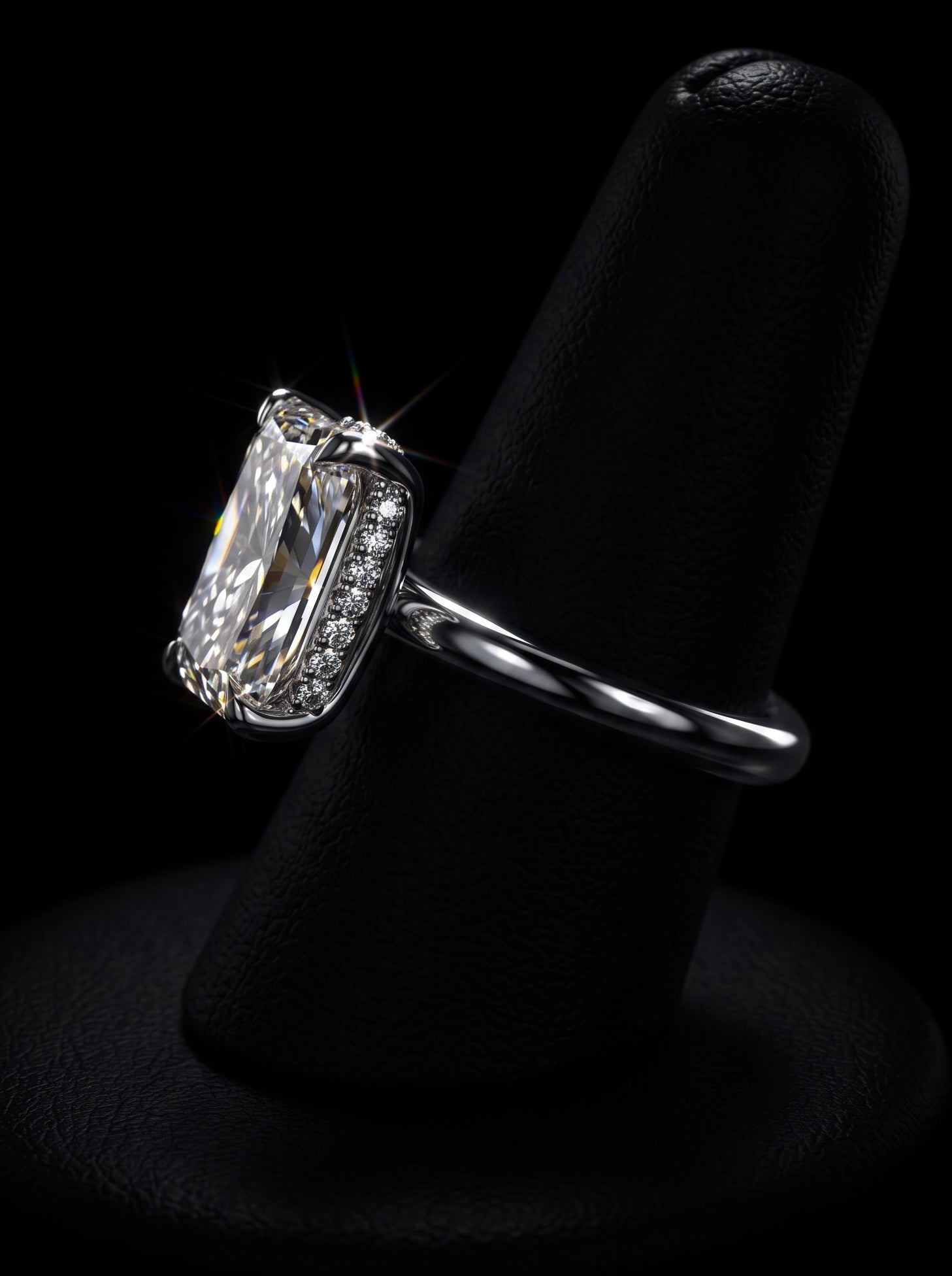 3.0CT Radiant-Cut Moissanite · Hidden Halo · Solitaire Setting · Sterling Silver / White Gold