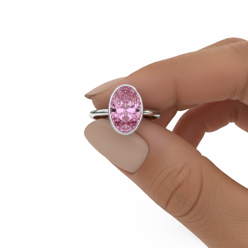 3.0ct Oval-Cut Pink Bezel-Set Ring | Sterling Silver & 9K / 14K White Gold