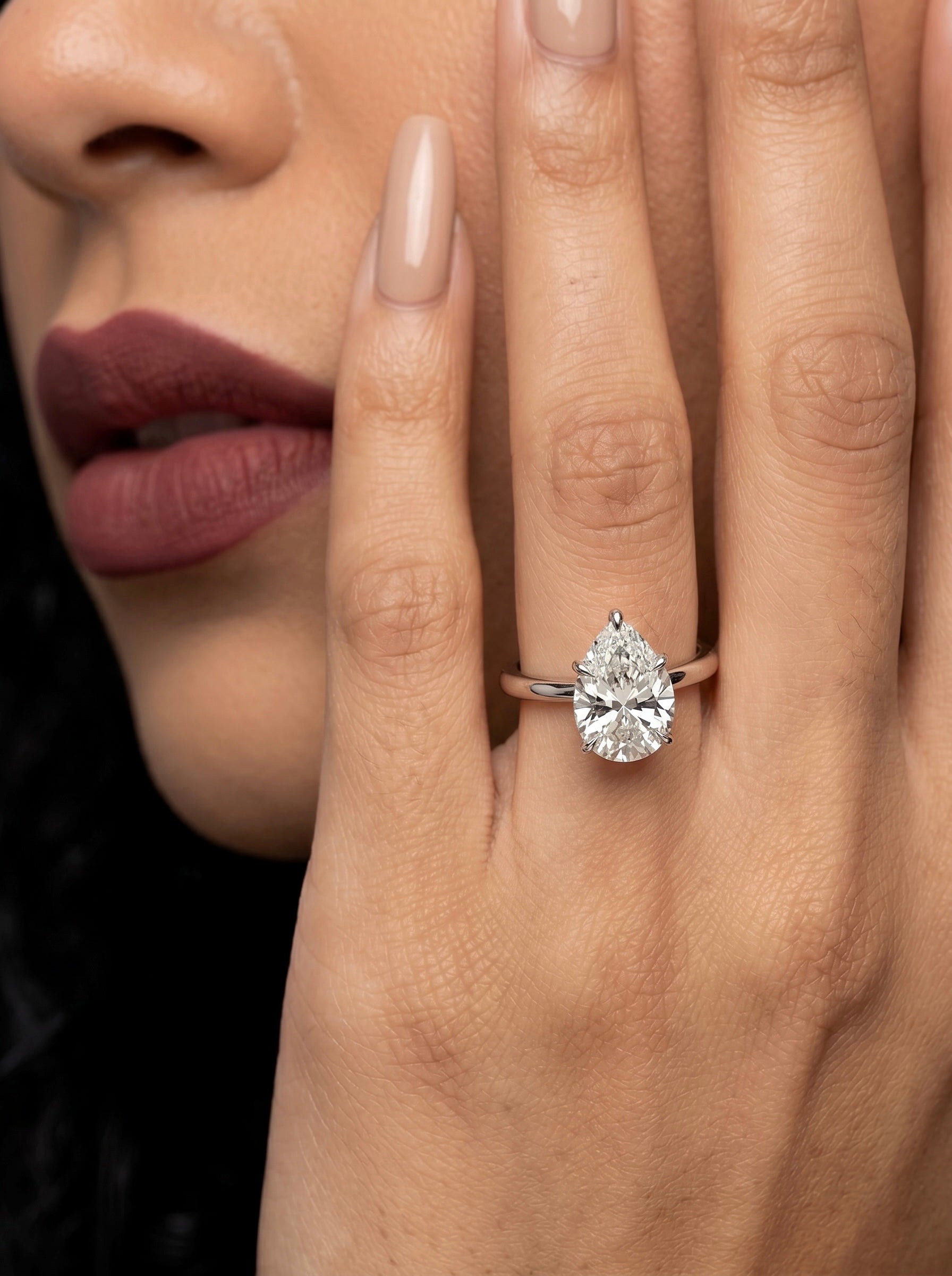 2.0ct Pear Cut Solitaire Ring with Hidden Halo – 5-Claw Setting | Sterling Silver & 9–14k White Gold