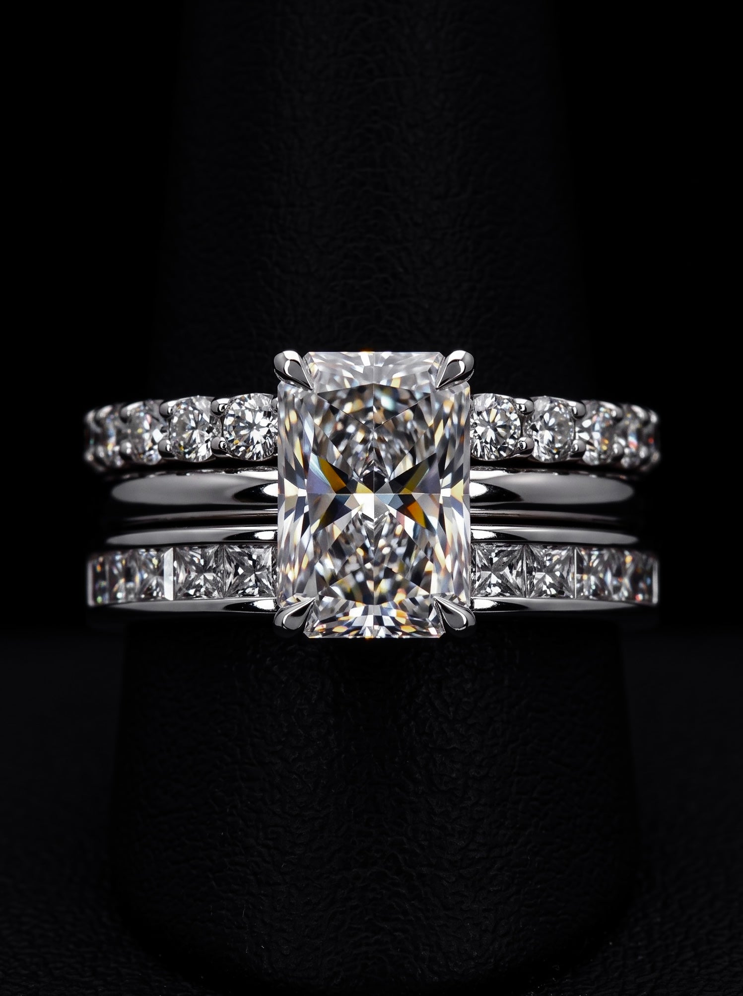 3.0CT Radiant-Cut Moissanite · Hidden Halo Solitaire · Pavé Band · Channel-Set Band