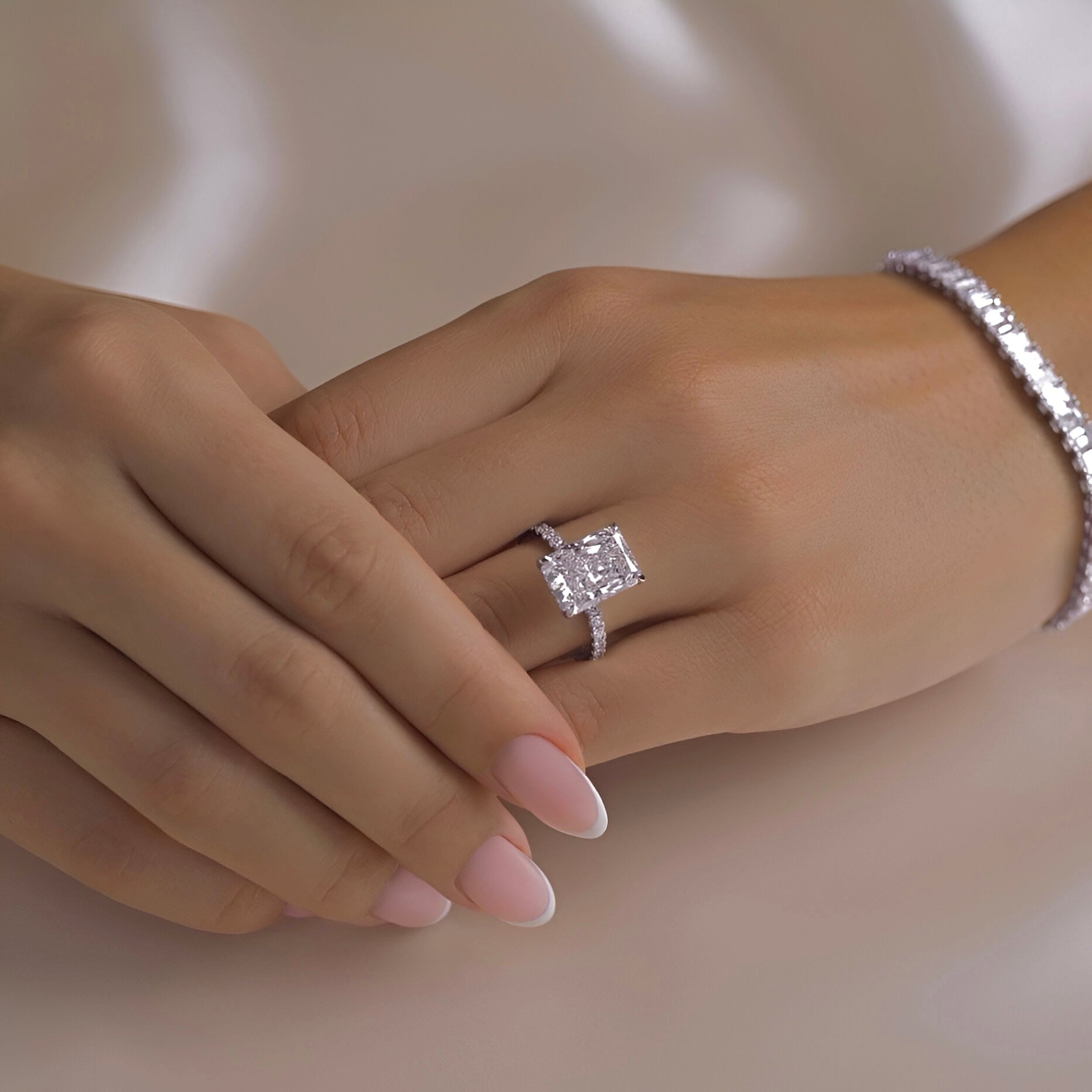 MG AURORA™ 5.0ct Radiant Cut Ring with Hidden Halo & Pavé – Sterling Silver / 9ct / 14ct White Gold