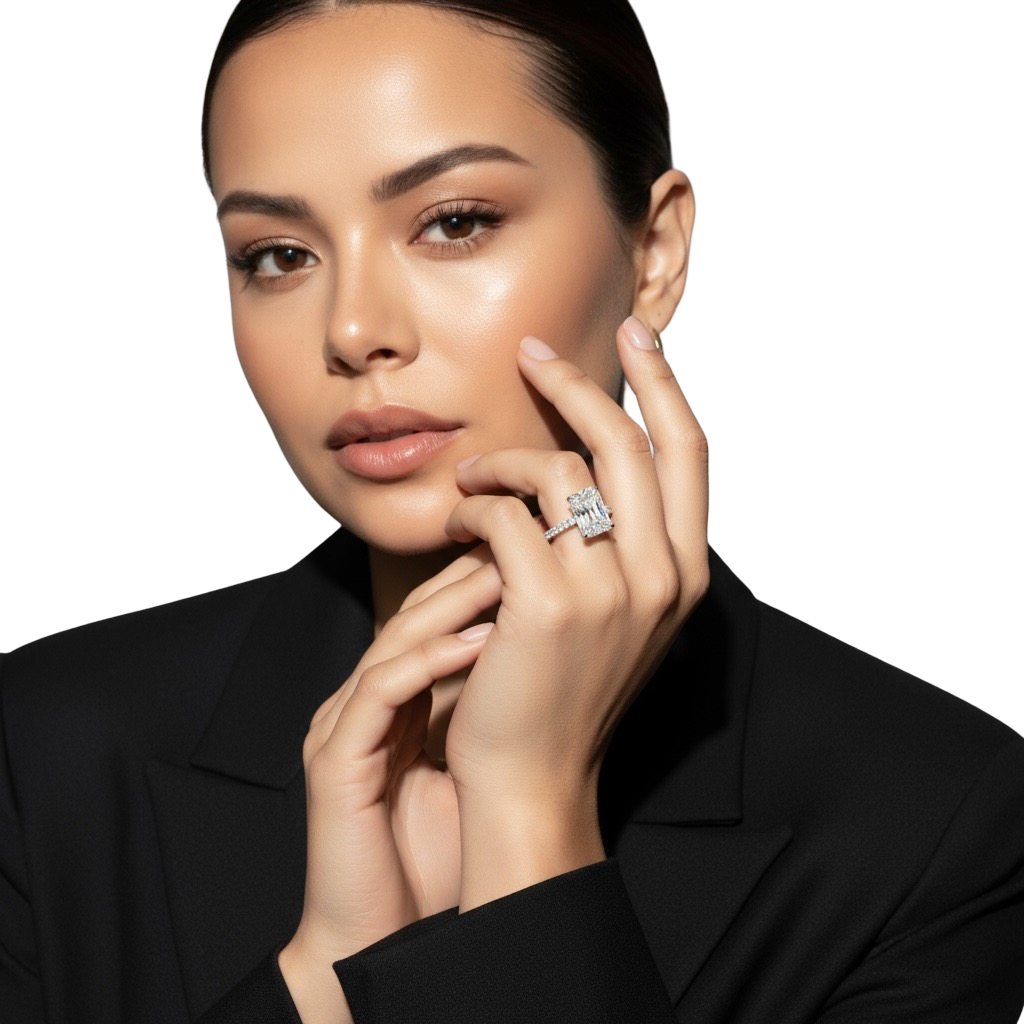 The MG Solara™️ 5.0ct Radiant Cut Pavé with Elevated Hidden Halo (Sterling Silver & 9K+14K White Gold)