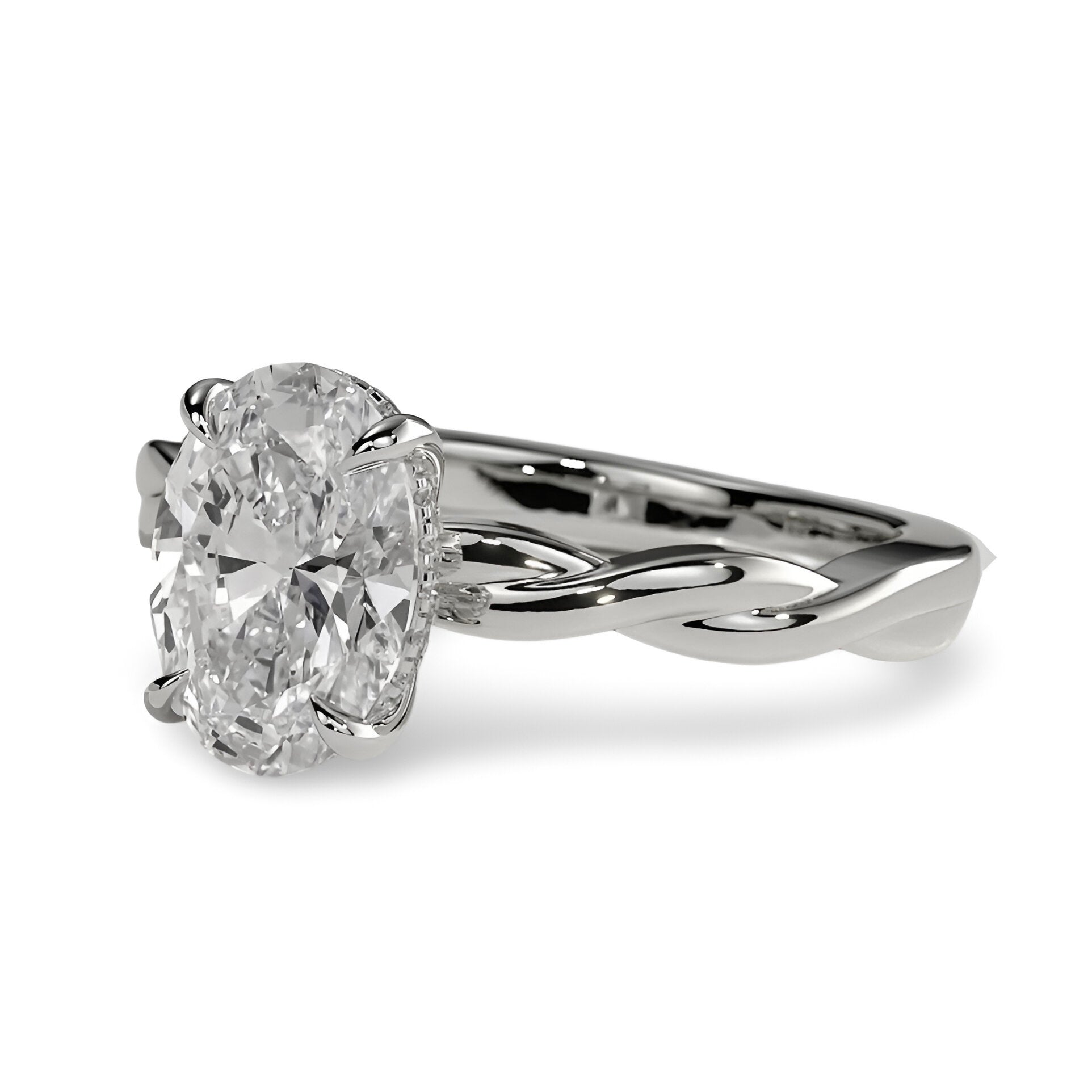 3.0ct Oval Cut Hidden Halo Twisted Shank Solitaire - Sterling Silver & 9-14K White Gold