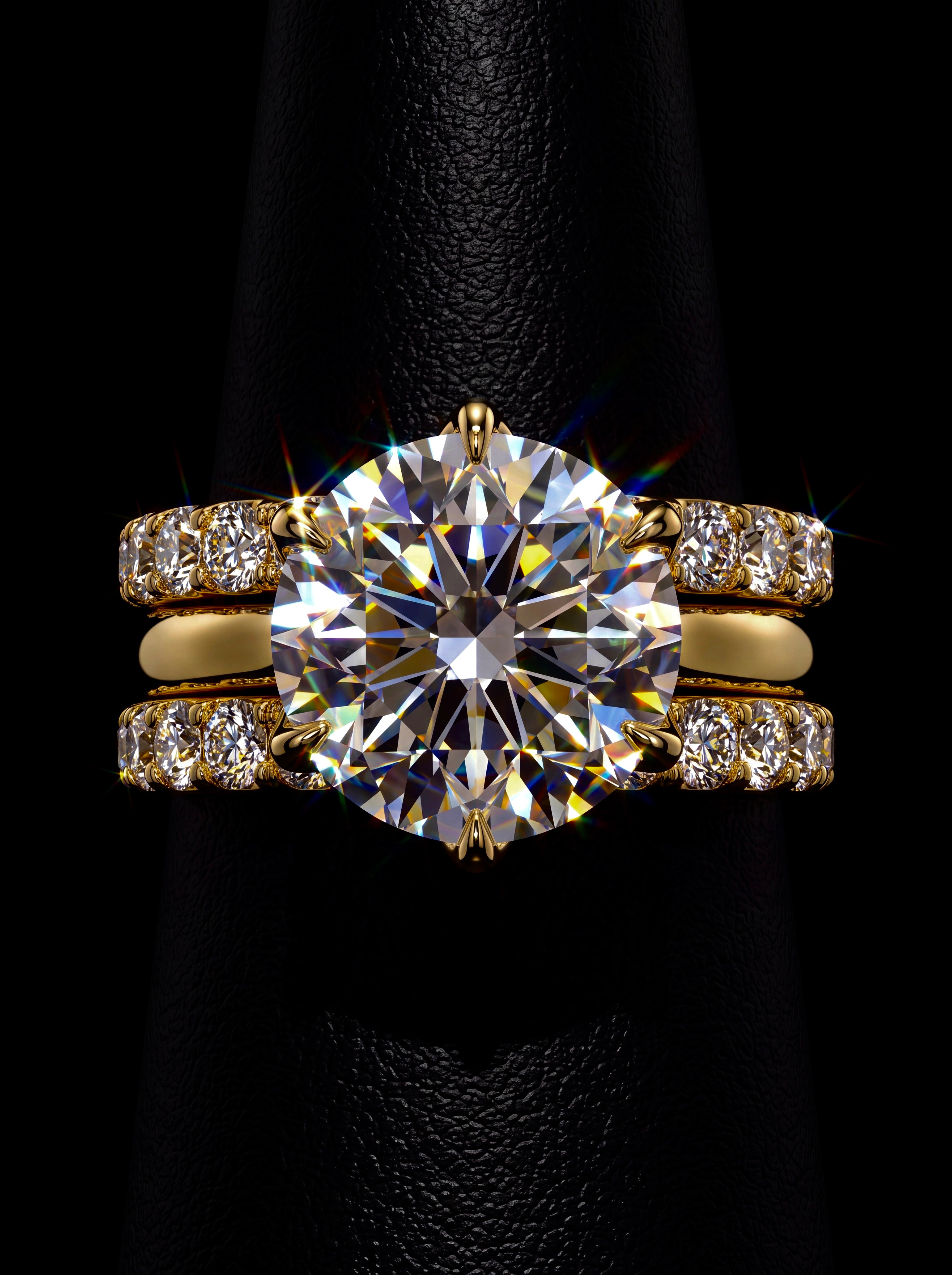 10.0CT Round Brilliant-Cut Moissanite · Hidden Halo Solitaire · Double Pavé Bridal Stack · Yellow Gold
