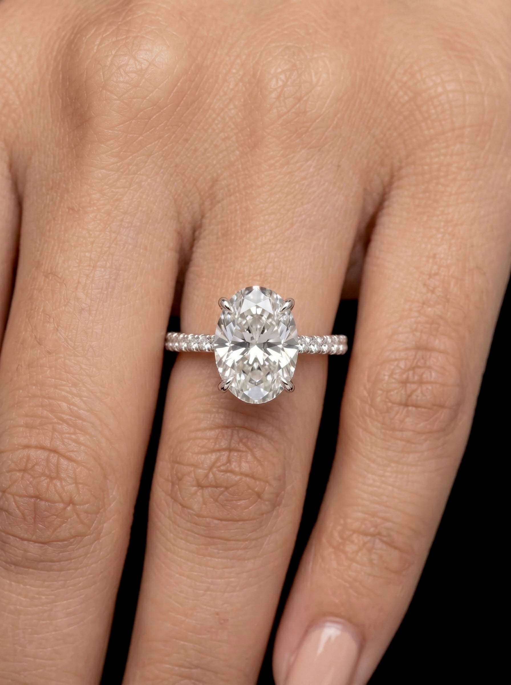 4.0ct Oval Brilliant Hidden Halo Pavé Engagement Ring - Sterling Silver & White Gold