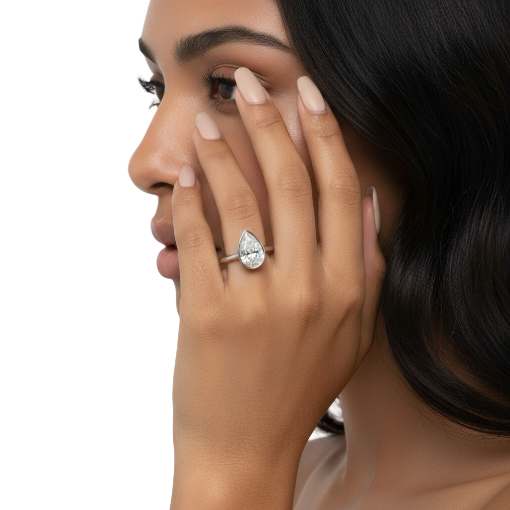2.0ct Pear Cut Bezel Set Engagement Ring – Sterling Silver / 9K–14K White Gold