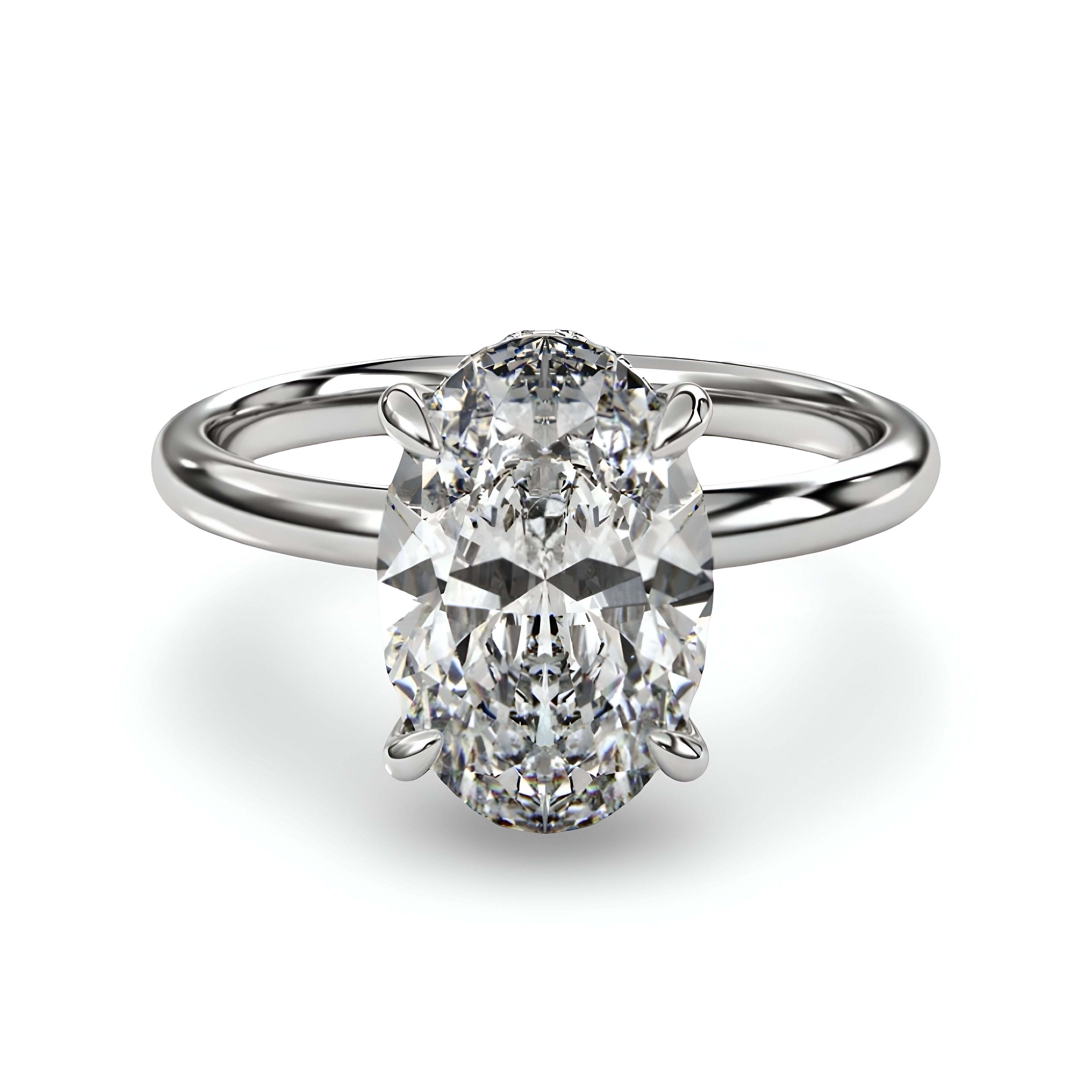 MG SOLARA™ 5.0ct Oval Cut Solitaire with Hidden Halo — Sterling Silver & White Gold