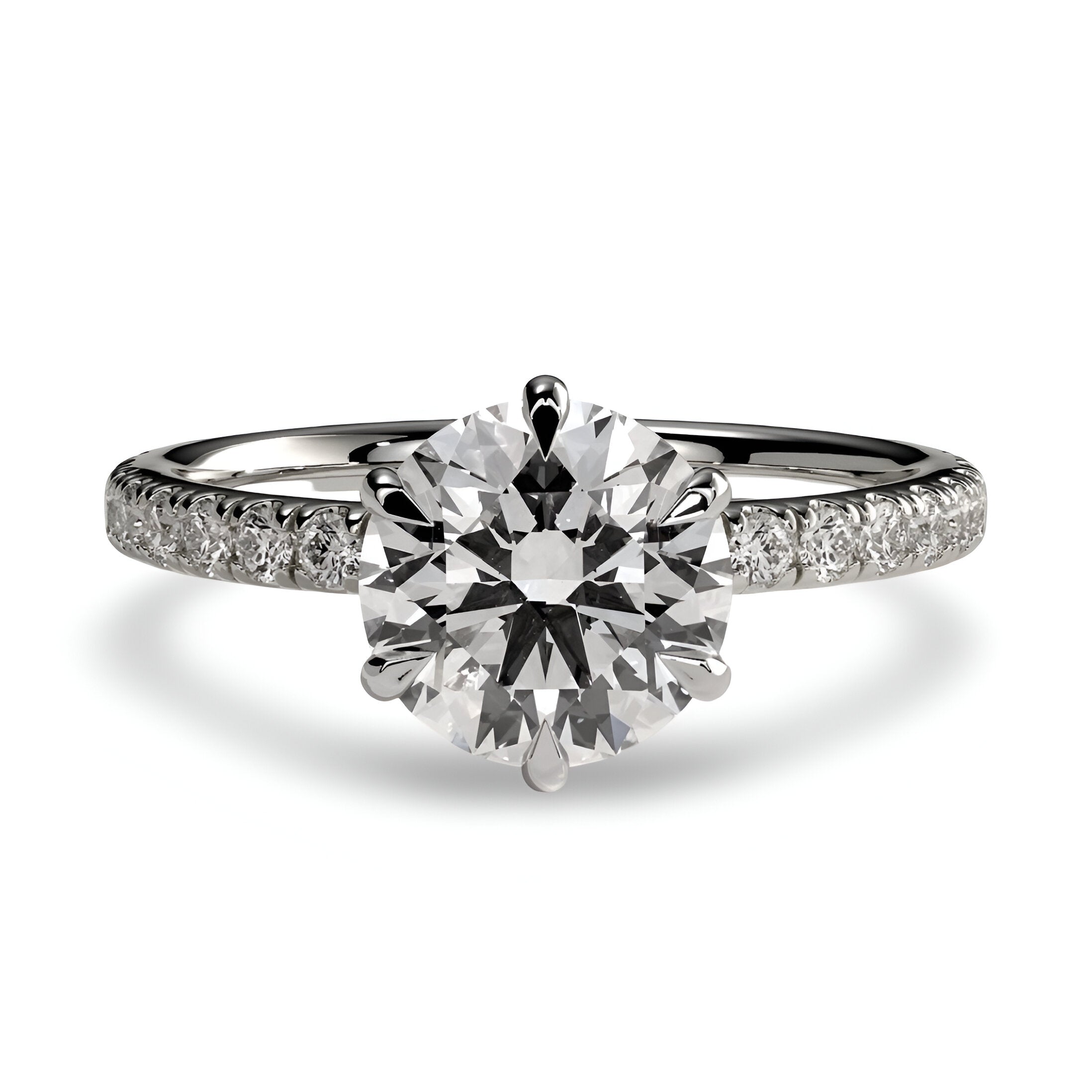 2.0 Ct Round Brilliant Moissanite Ring – 5 Eagle Claw Prongs with Hidden Halo & Pavé Band | Sterling Silver & 9–14K White Gold