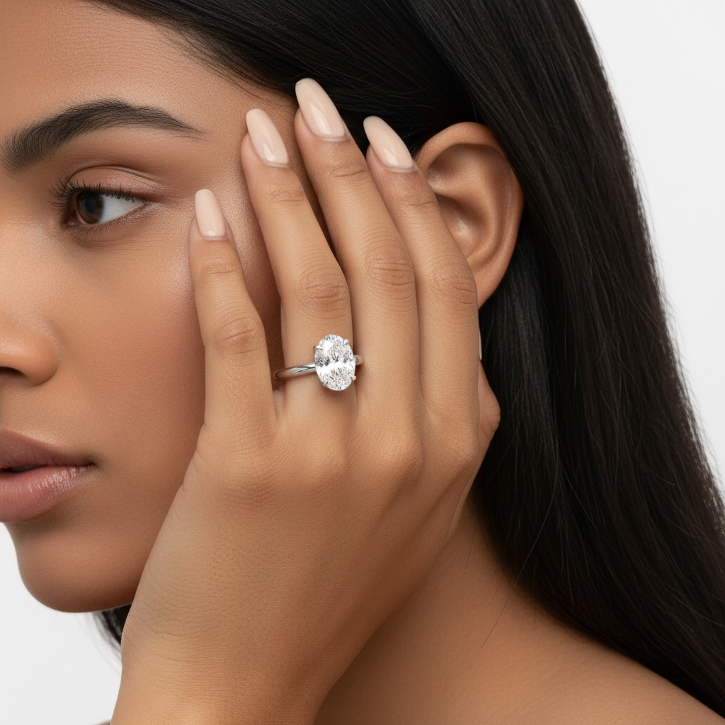 2.0ct Oval-Cut Hidden Halo Solitaire Ring
Four-Claw Setting · Sterling Silver to Solid White Gold