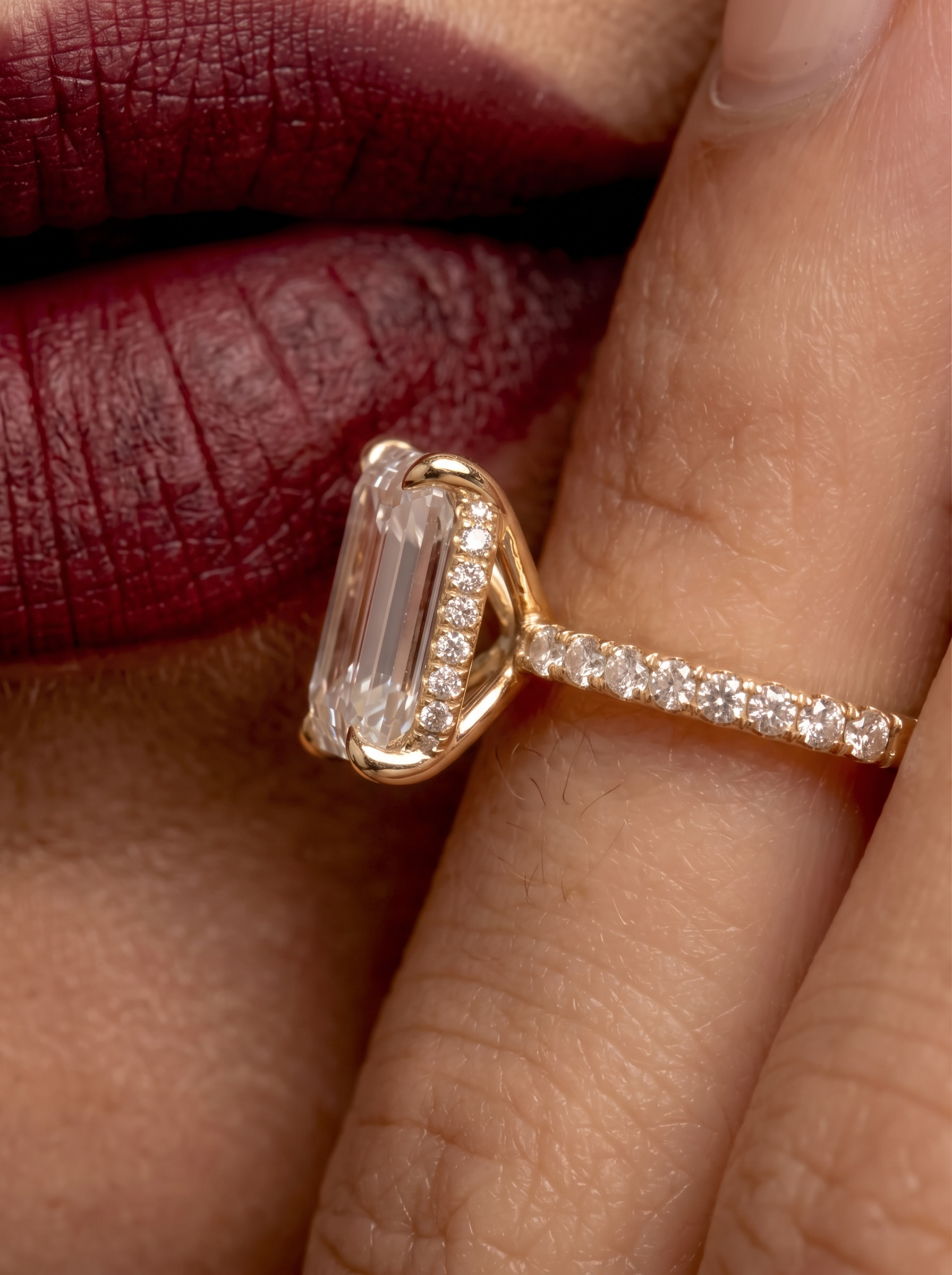 3CT Emerald Cut Hidden Halo Pavé Engagement Ring | 9K–18K Solid Yellow Gold