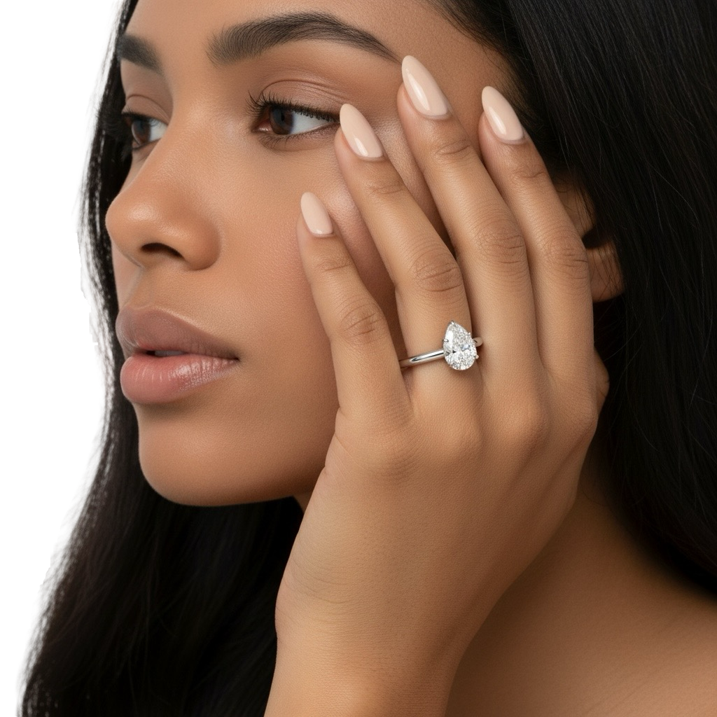 2.0ct Pear Cut Solitaire Ring with Hidden Halo – 5-Claw Setting | Sterling Silver & 9–14k White Gold