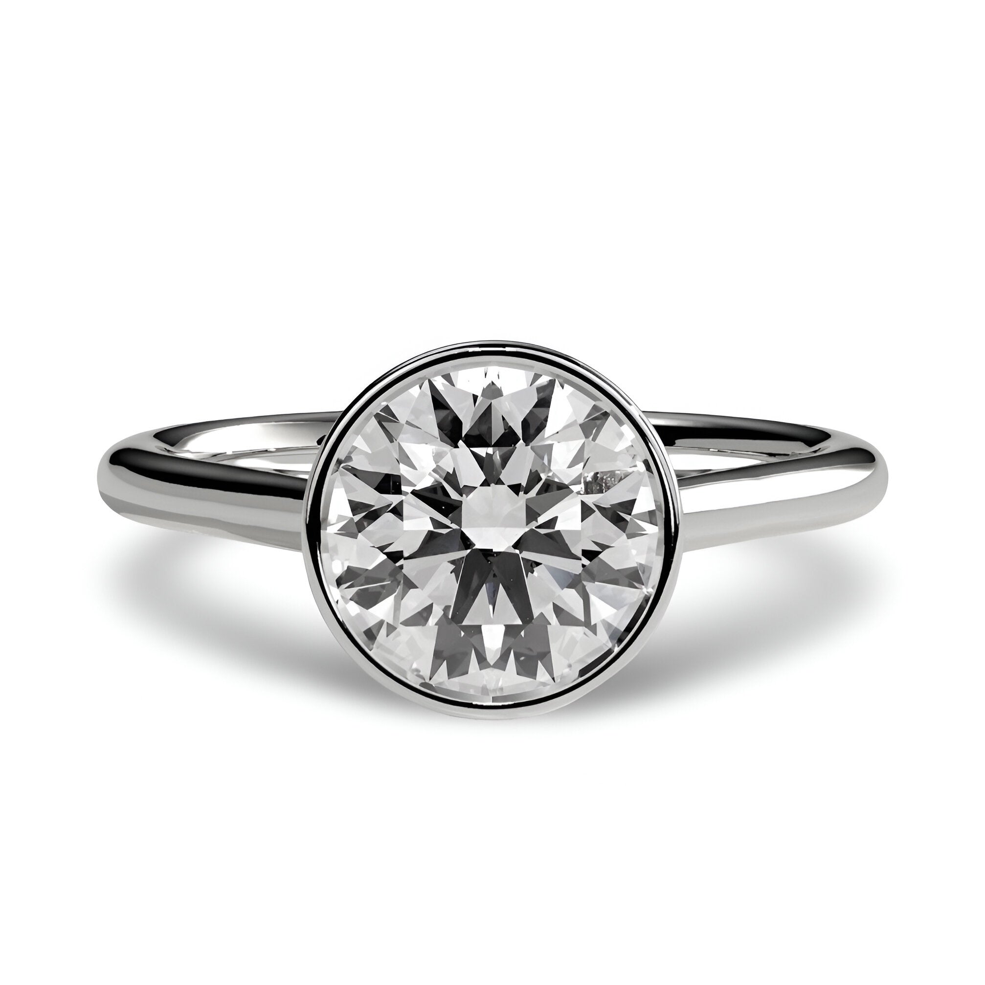 2.0ct Premium Round Brilliant Solitaire Ring – Bezel with Petal Prongs | Sterling Silver or White Gold