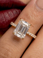 3CT Emerald Cut Hidden Halo Pavé Engagement Ring | 9K–18K Solid Yellow Gold